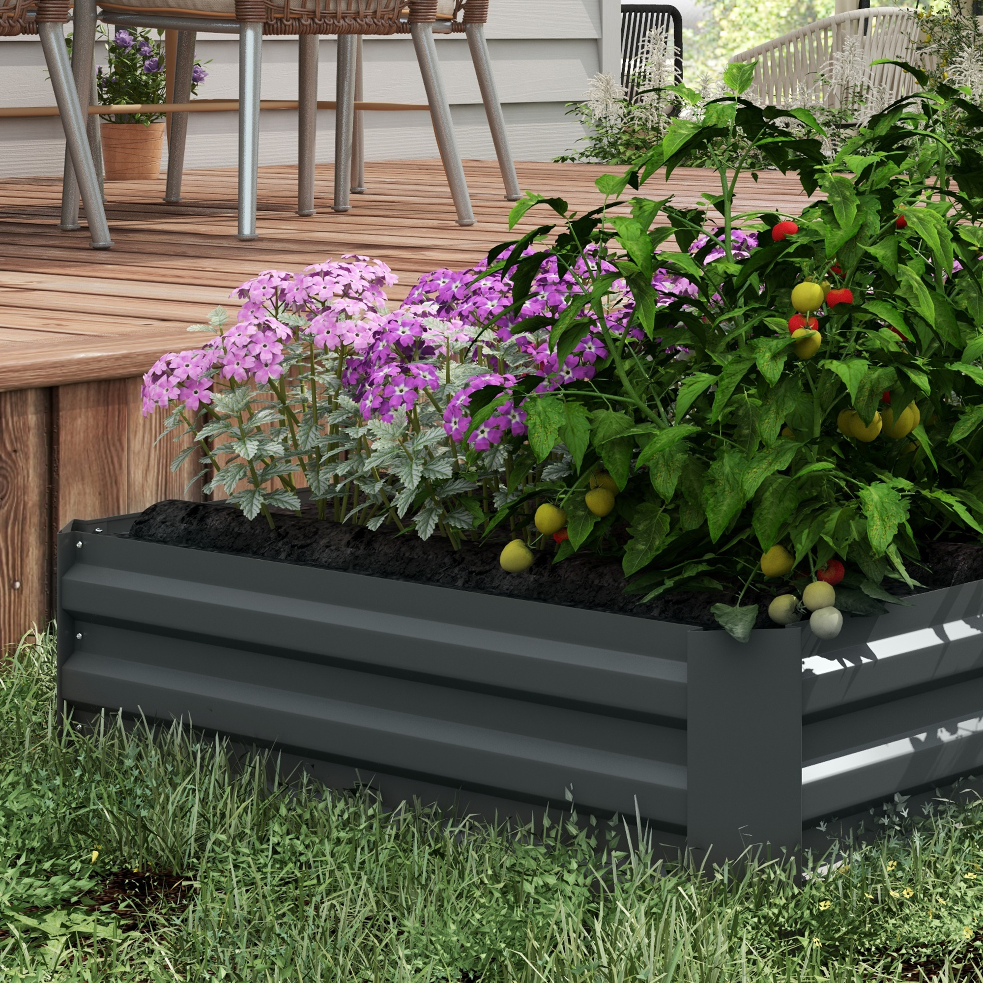 Outsunny 291L Set of 2 Raised Garden Beds, Elevated Galvanised Planter Box for Flowers and Herbs, 100x100x30cm, Dark Grey