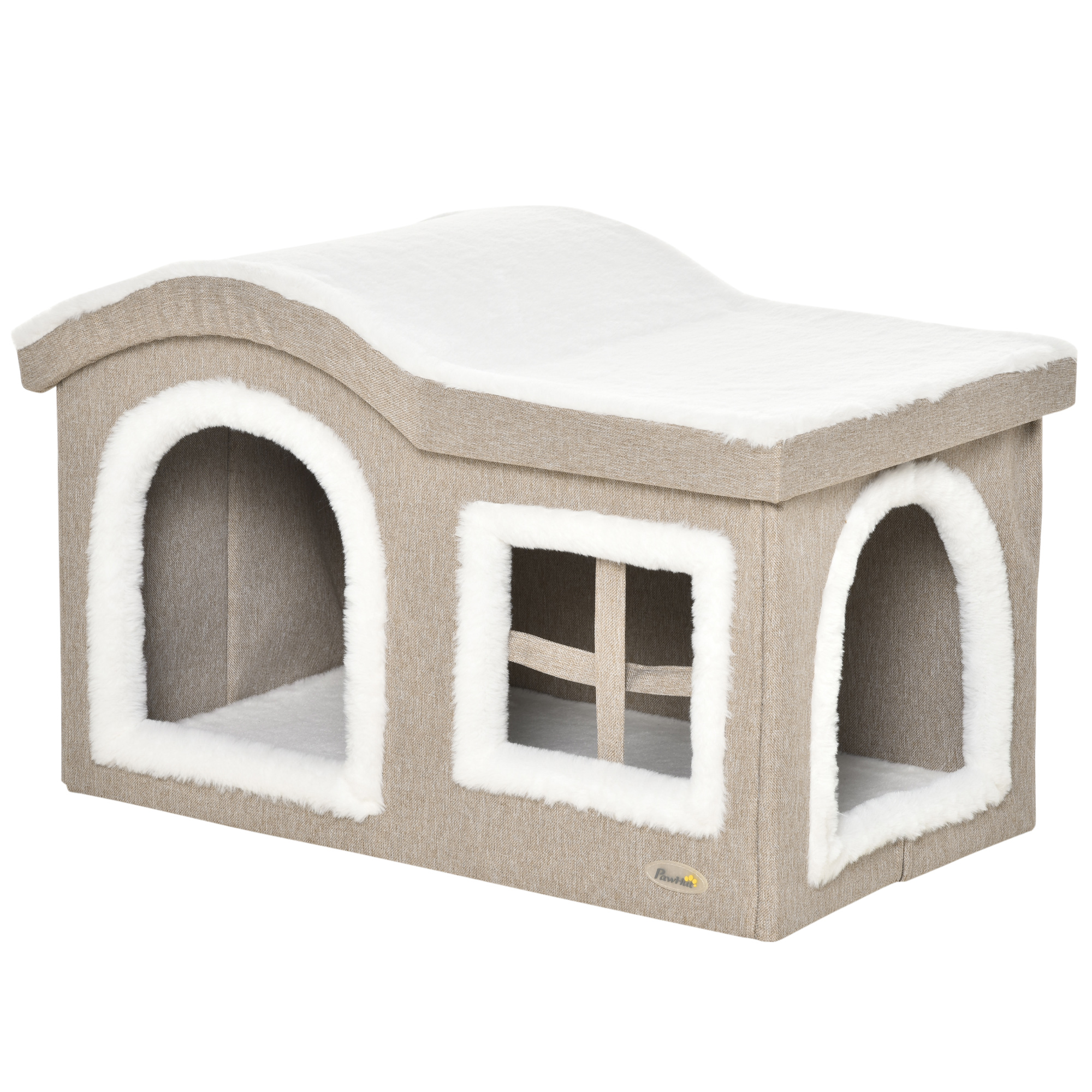 PawHut Casa Plegable para Gatos Interior Cueva para Gatos Grande con Tapa Extraíble Cojines 2 Entradas y Ventana Taburete para Gatos 63,5x37x40 cm