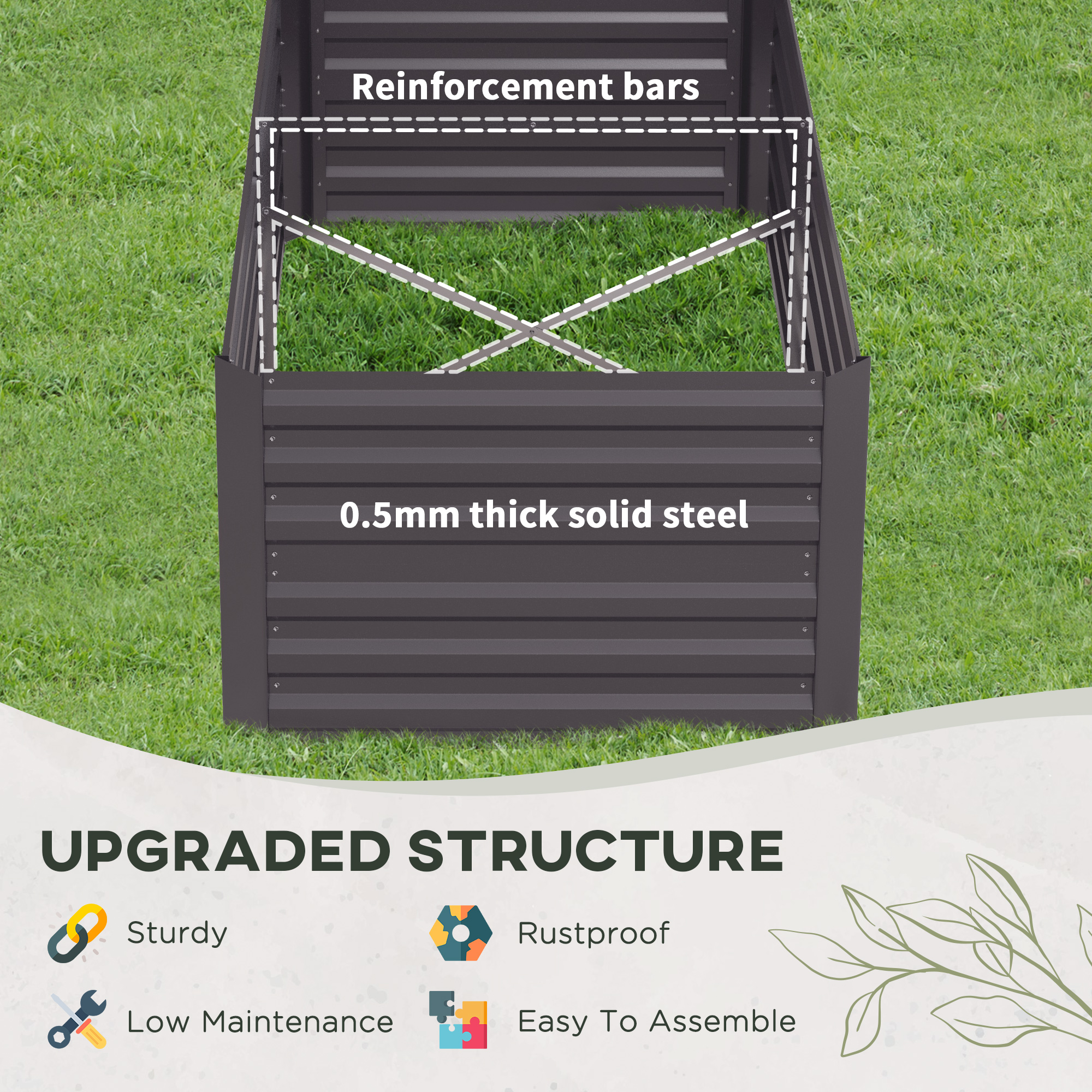 Outsunny Galvanised Steel Raised Garden Bed, 180 x 90 x 59 cm Outdoor Planter with Reinforced Rods, Dark Grey