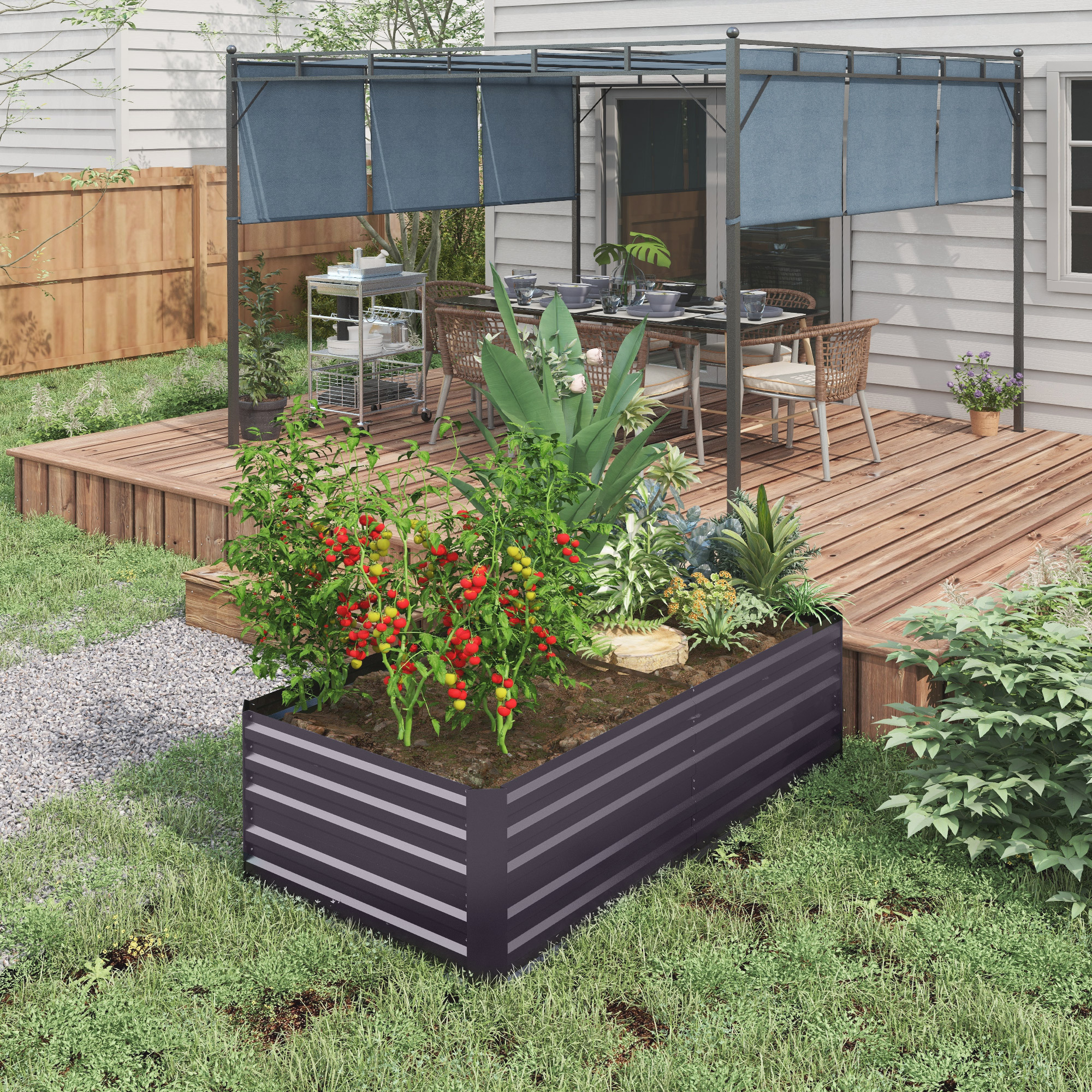 Outsunny Galvanised Steel Raised Garden Bed, 180 x 90 x 59 cm Outdoor Planter with Reinforced Rods, Dark Grey