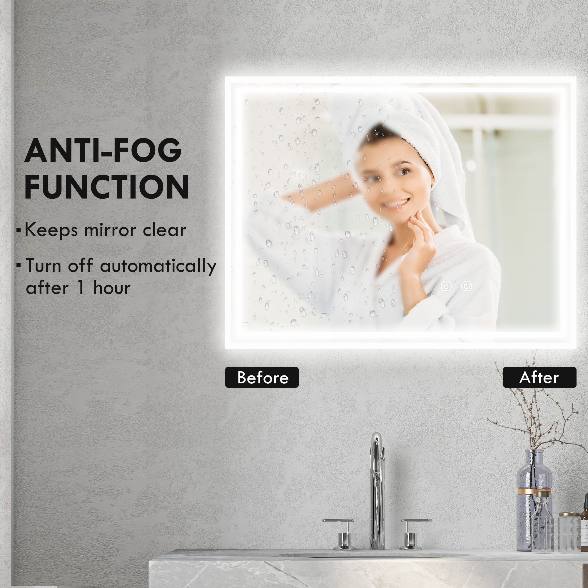 Kleankin Illuminated LED Bathroom Mirror, Vanity Makeup Mirror with Smart Touch, Anti-Fog, 3 Colour Settings, 90x70cm