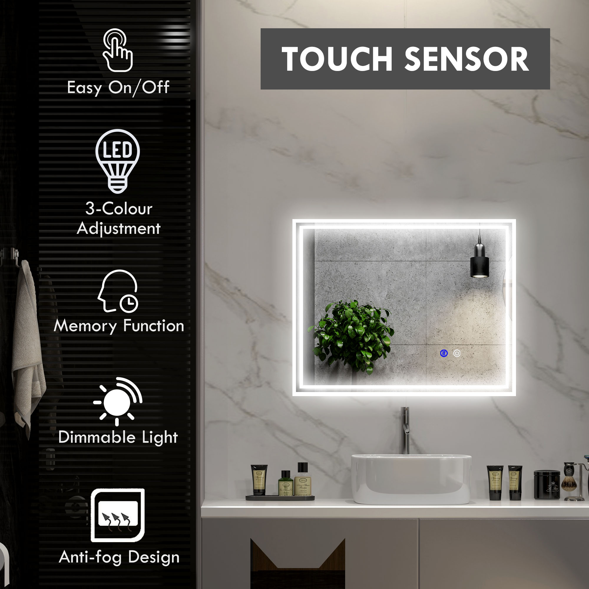 Kleankin Illuminated LED Bathroom Mirror, Vanity Makeup Mirror with Smart Touch, Anti-Fog, 3 Colour Settings, 90x70cm