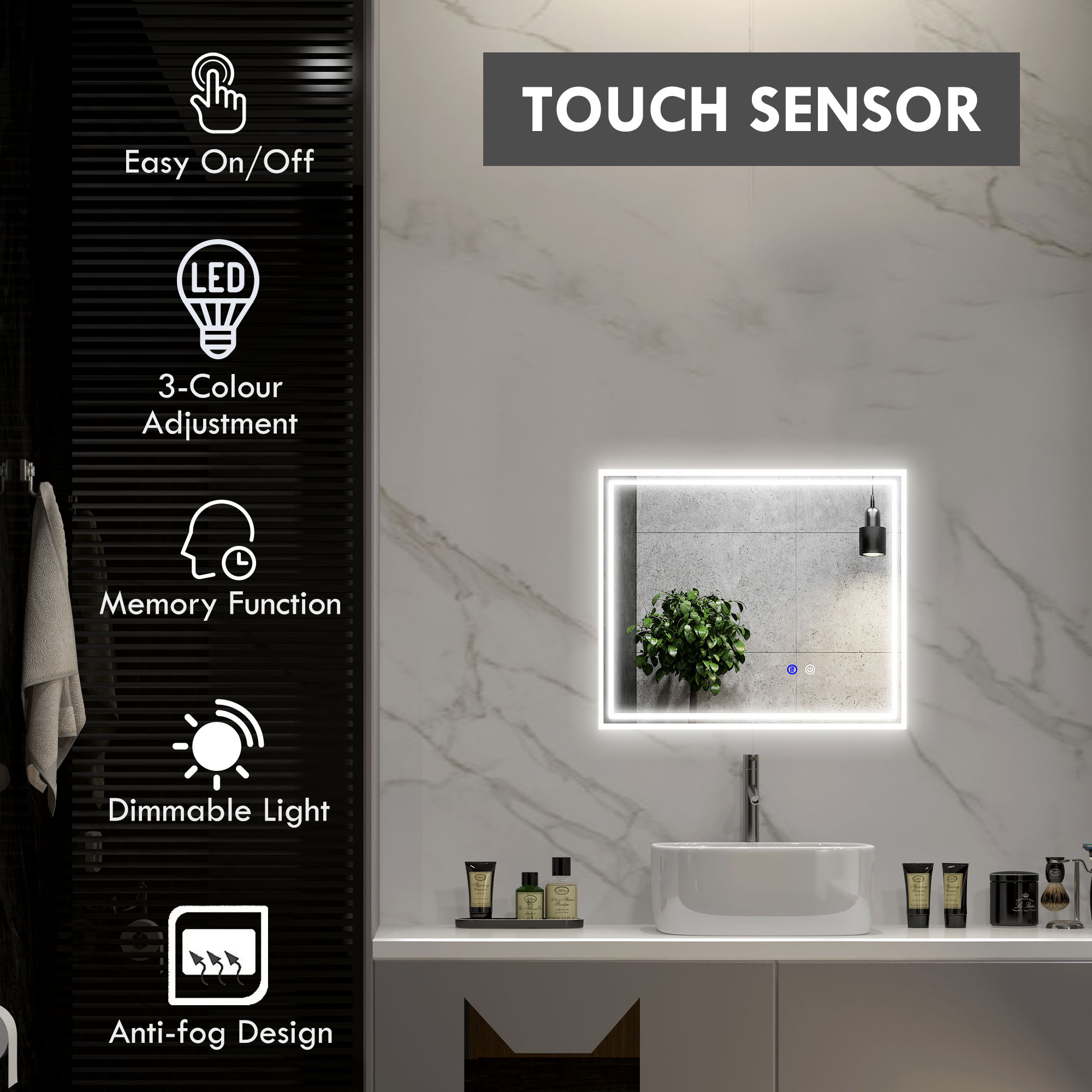 Kleankin Illuminated LED Bathroom Mirror, Vanity Makeup Mirror with Smart Touch, 3 Colour Modes, Anti-Fog Feature, 60x50cm, Silver
