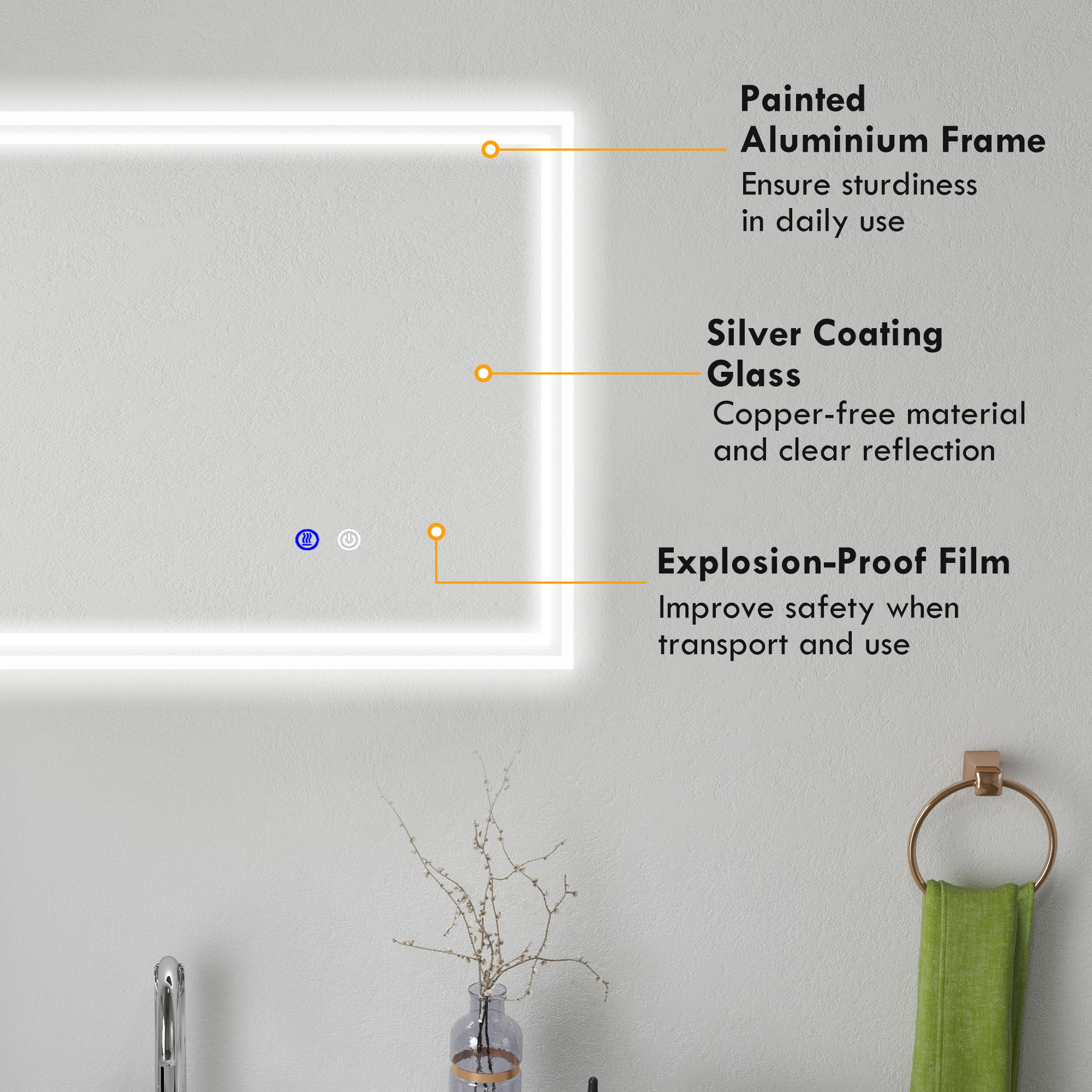 Kleankin Illuminated LED Bathroom Mirror, Vanity Makeup Mirror with Smart Touch, Anti-Fog, 3 Colour Settings, 90x70cm
