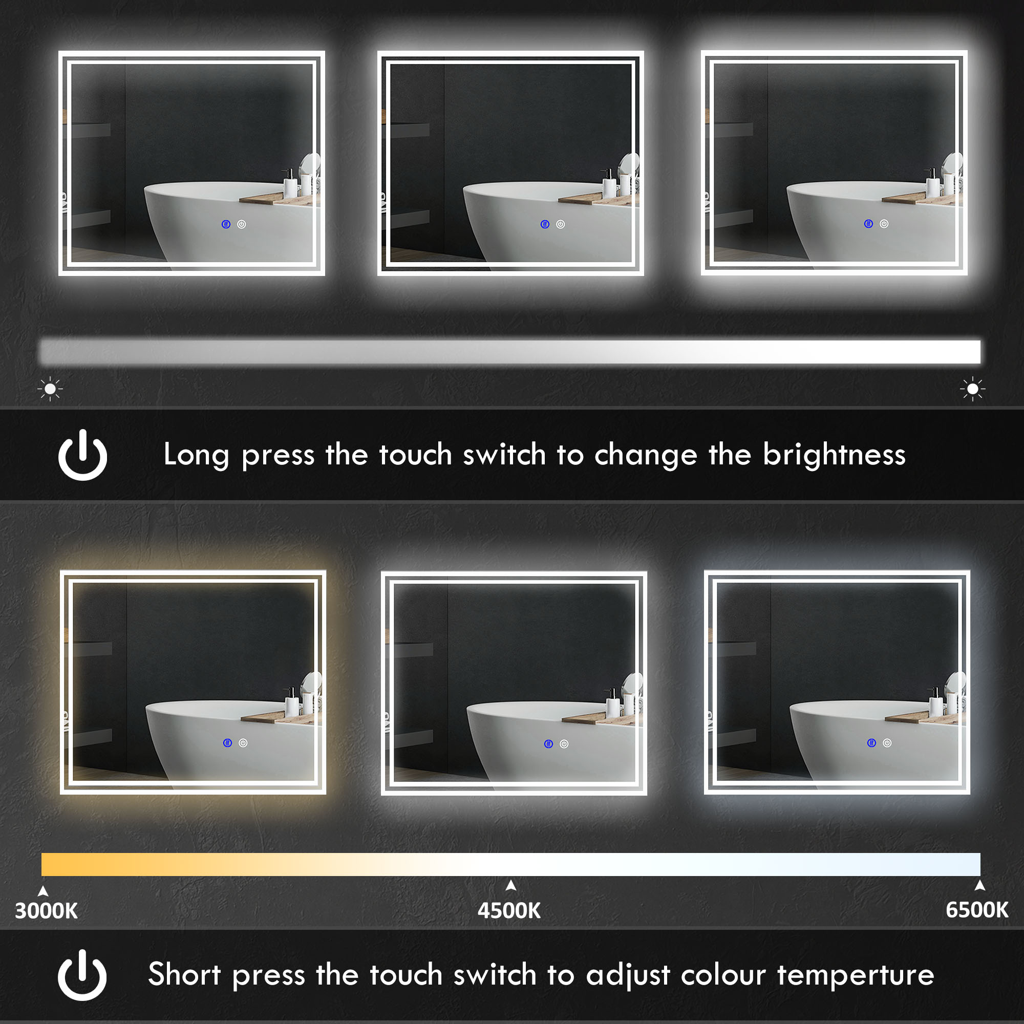 Kleankin Illuminated LED Bathroom Mirror, Vanity Makeup Mirror with Smart Touch, 3 Colour Modes, Anti-Fog Feature, 60x50cm, Silver