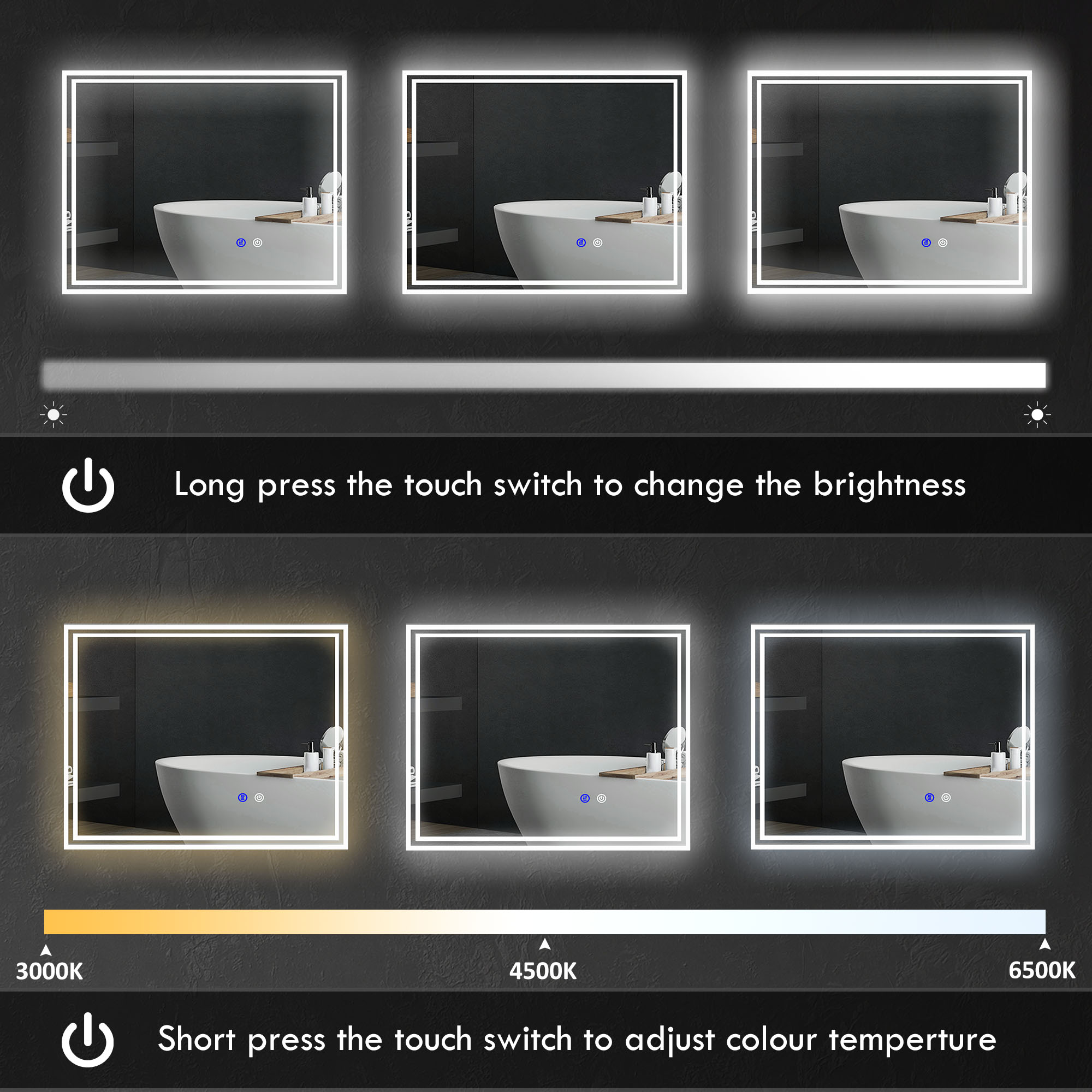 Kleankin Illuminated LED Bathroom Mirror, Vanity Makeup Mirror with Smart Touch, Anti-Fog, 3 Colour Settings, 90x70cm