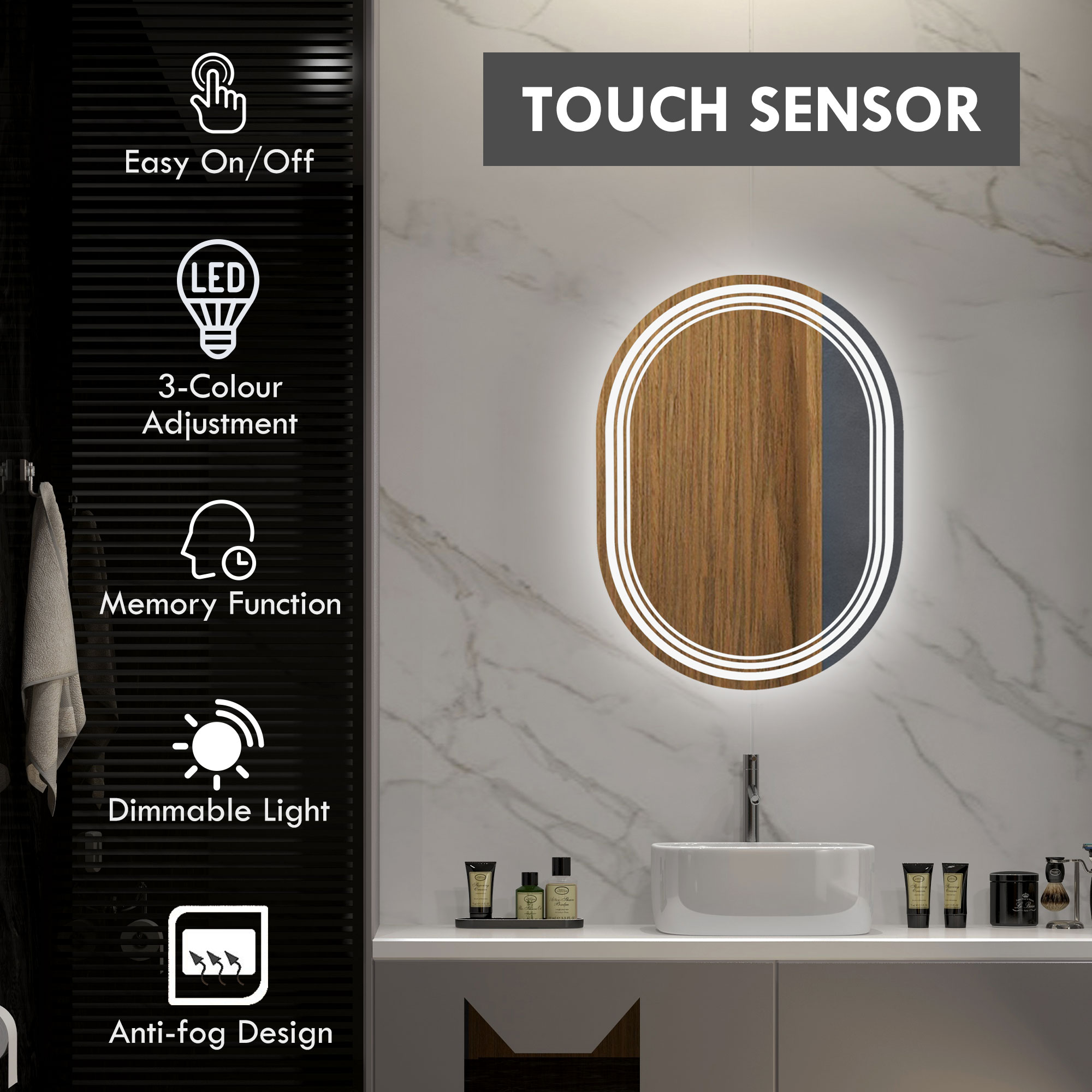 Kleankin LED Bathroom Mirror, 800 x 600mm, with Anti-Fog and Touch Switch, Can Be Hung Vertically or Horizontally