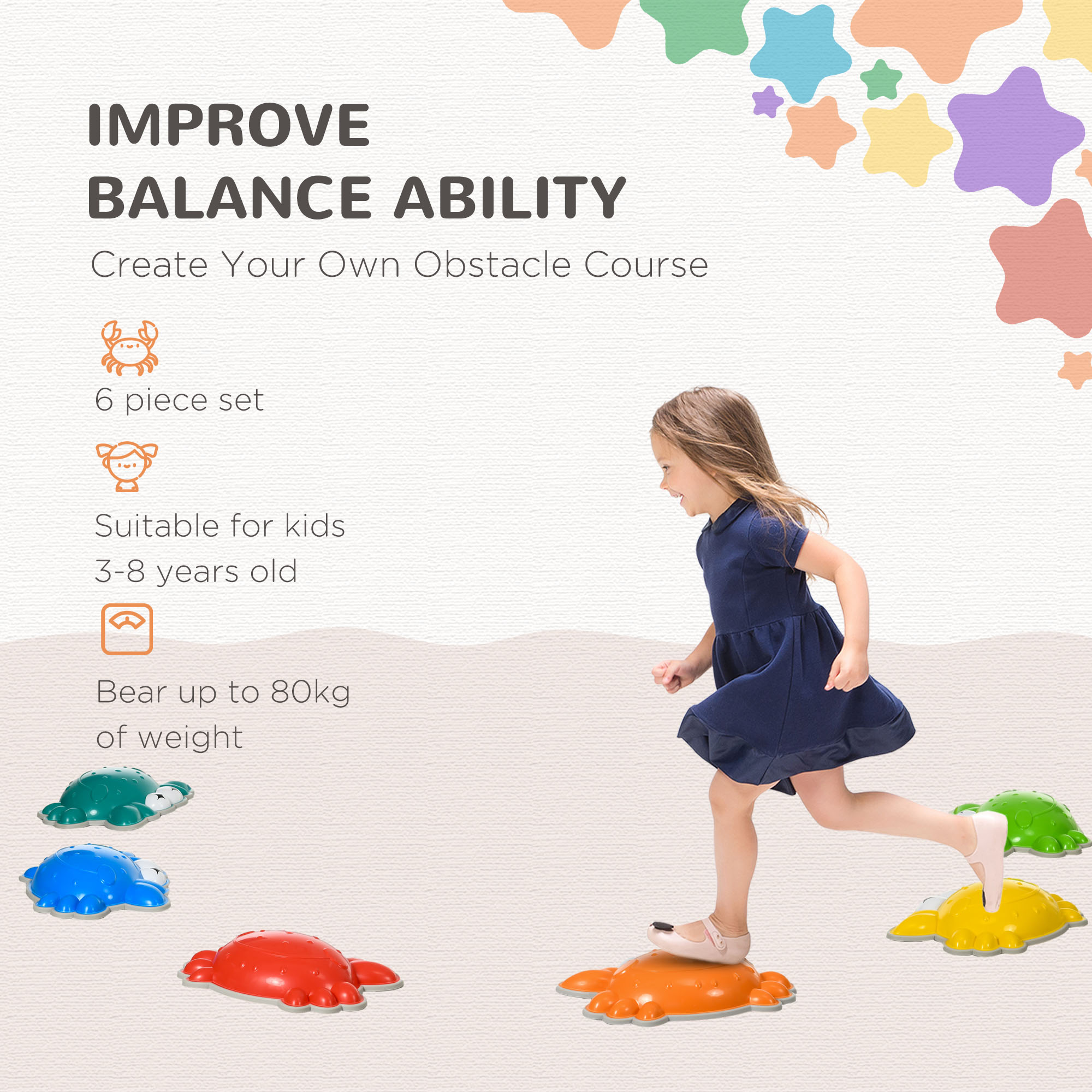 ZONEKIZ Crab-Shaped Kids' Stepping Stones, 6 Piece Set, TPE Anti-Slip Edges, for Balance and Coordination, Stackable, Multicolour