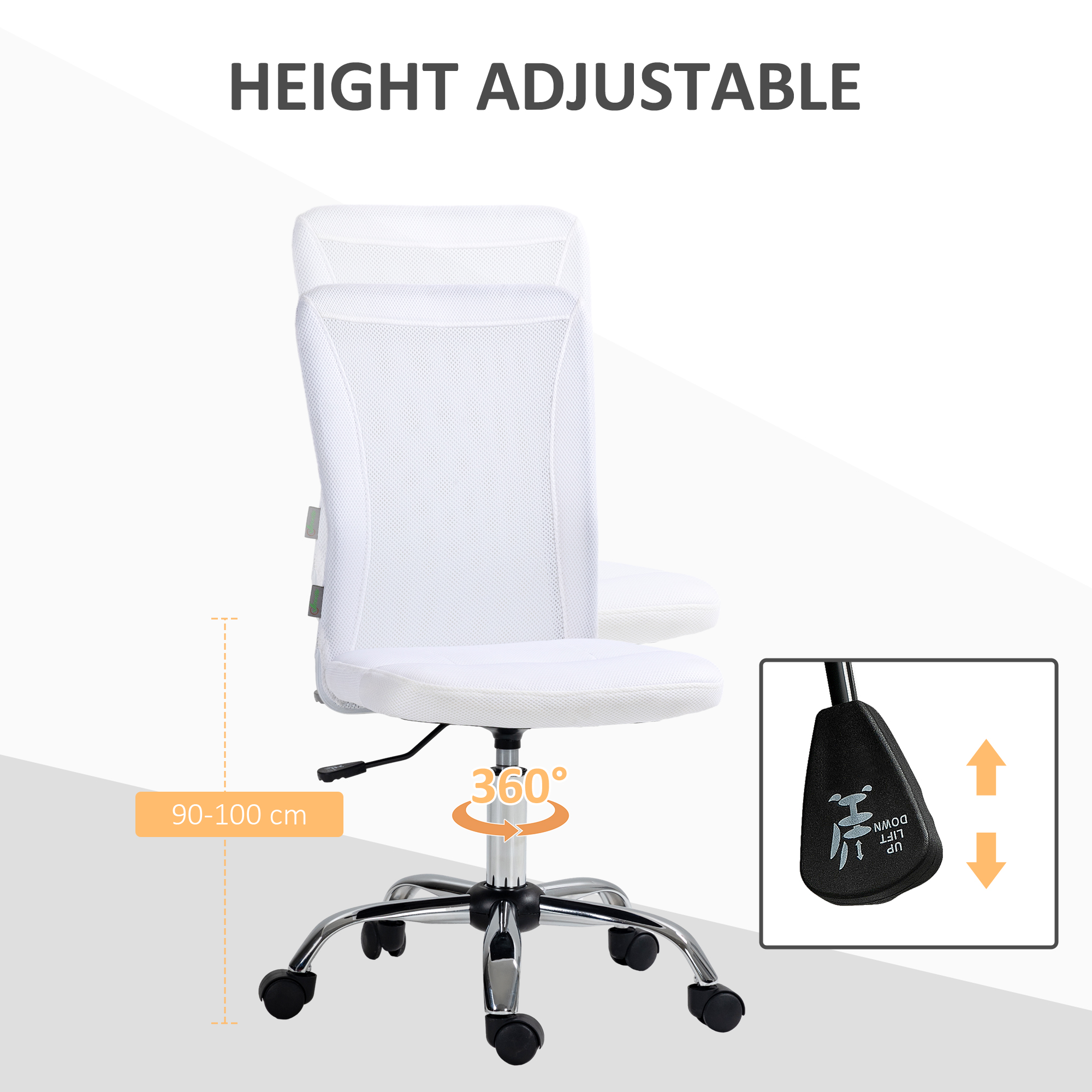 Vinsetto Ergonomic Office Chair, Adjustable Mesh Desk Chair without Arms, Swivel Wheels, for Home Office, White