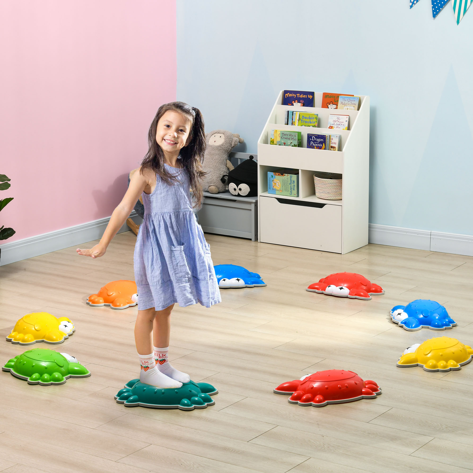 ZONEKIZ 9PCs Crab-shaped Kids Stepping Stones, Anti-slip TPE Edge, Stackable Balance River Stones for Obstacle Courses
