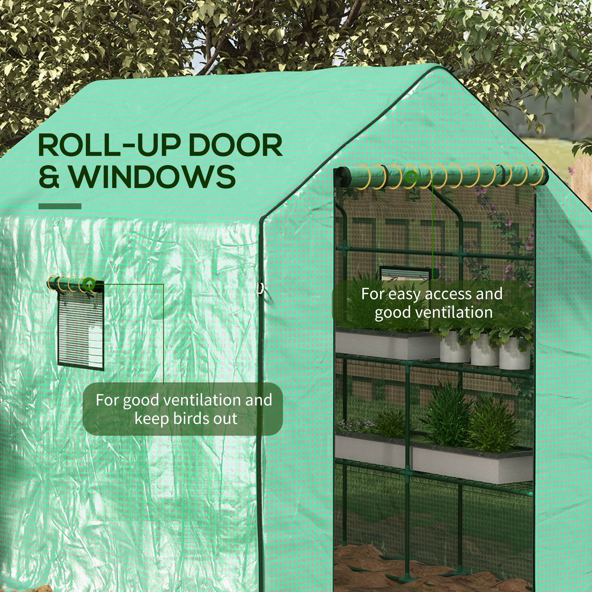 Outsunny Walk-in Greenhouse w/ 3 Tier Shelves, Green House Garden Grow House w/ PE Cover, Roll-up Door, Mesh Windows, 140 x 213 x 190cm, Green