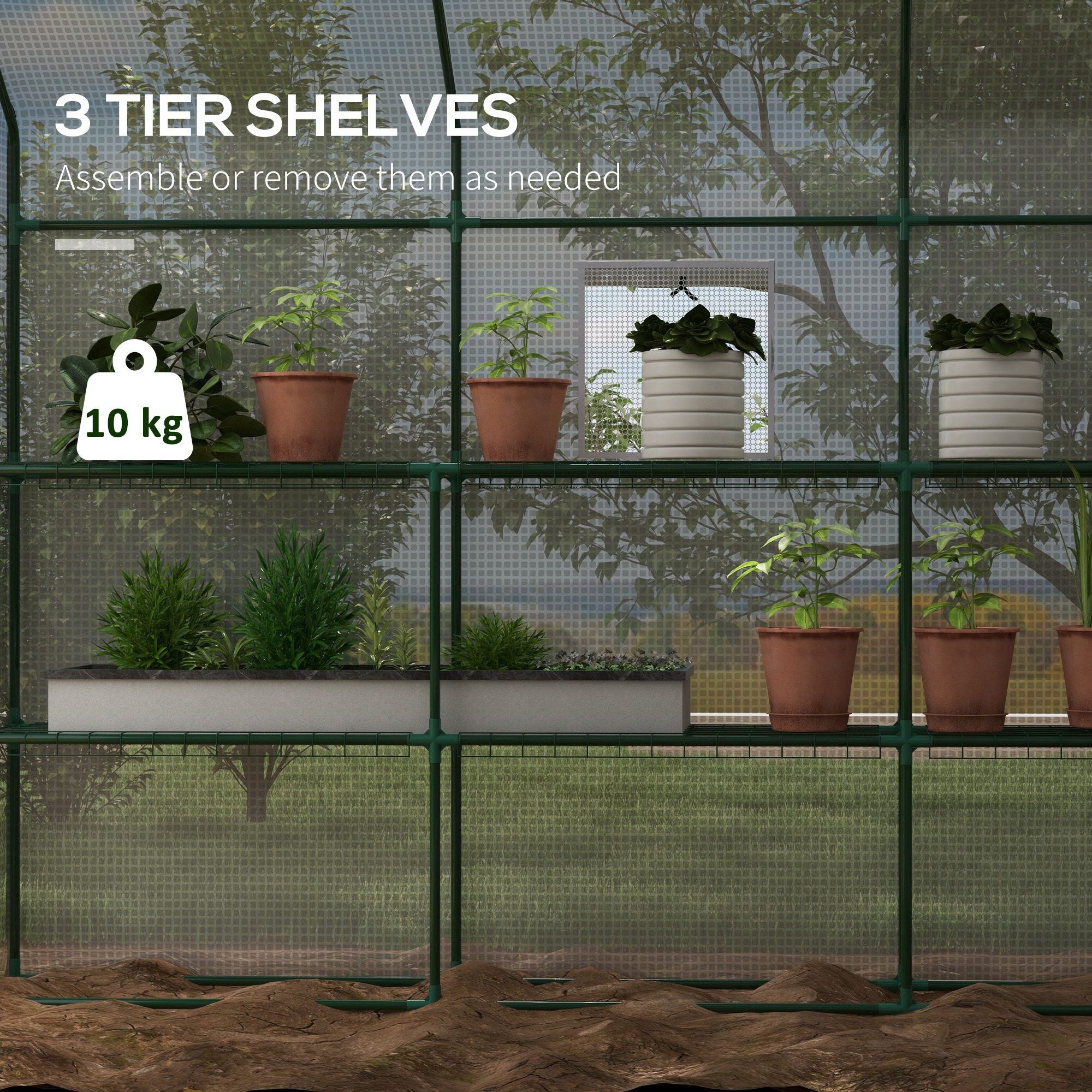 Outsunny Walk-in Greenhouse with PE Cover, 3 Tier Shelves, Roll-up Door & Mesh Windows, 140 x 213 x 190cm, White