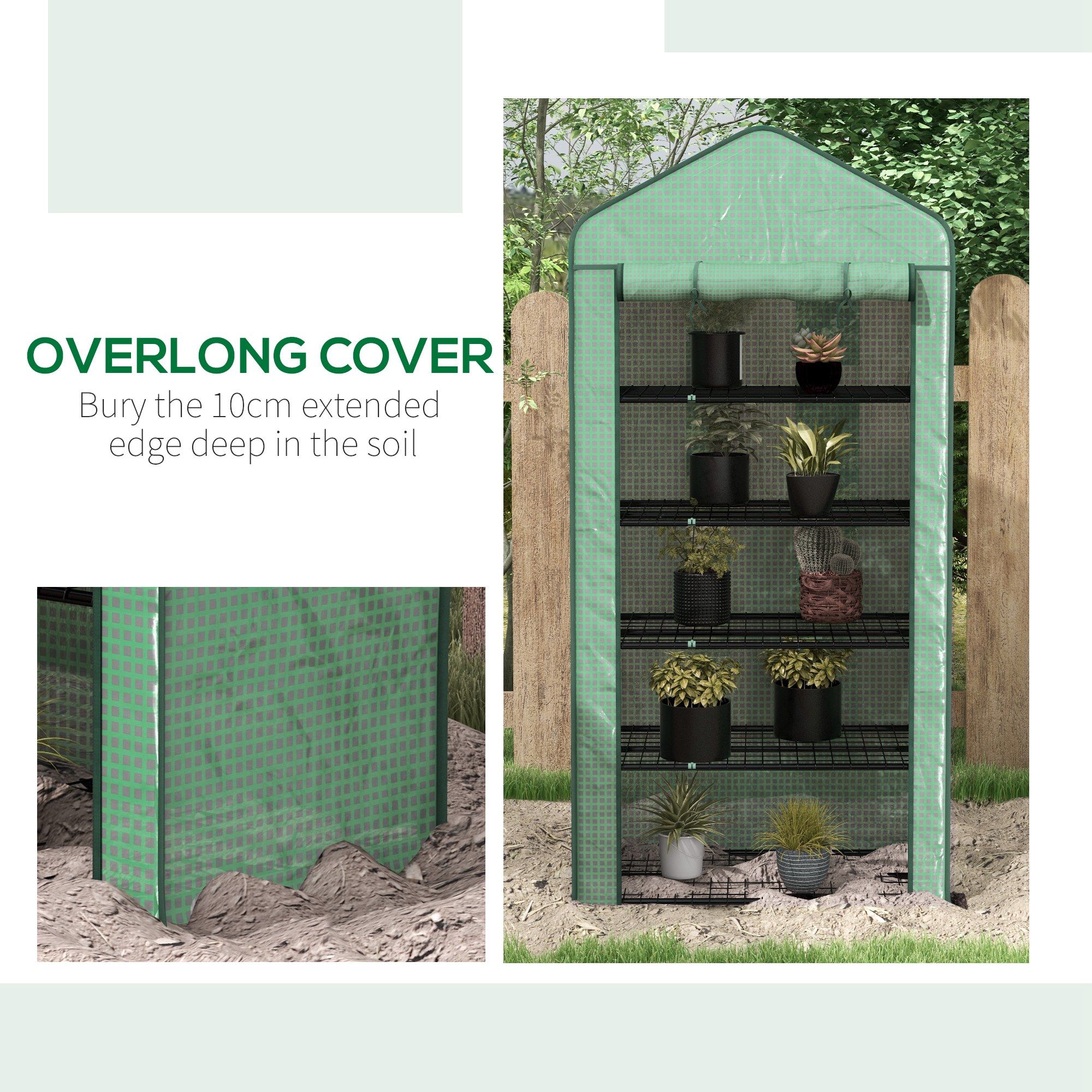 Outsunny Portable Mini Greenhouse with 5 Tier Wider Shelves, Reinforced PE Cover, Roll-up Door, Wire Shelves, 193H x 90W x 49D cm, Green