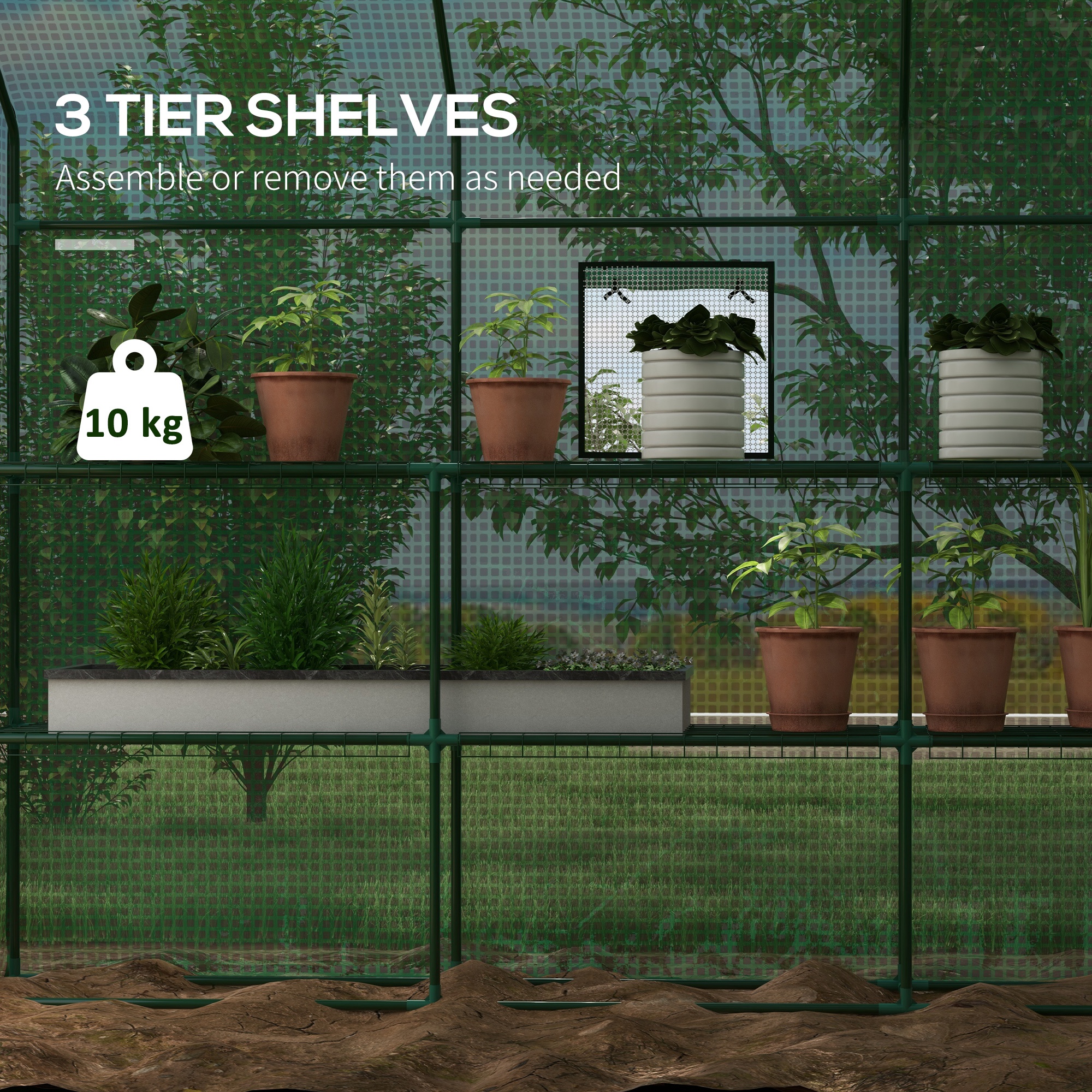 Outsunny Walk-in Greenhouse w/ 3 Tier Shelves, Green House Garden Grow House w/ PE Cover, Roll-up Door, Mesh Windows, 140 x 213 x 190cm, Green