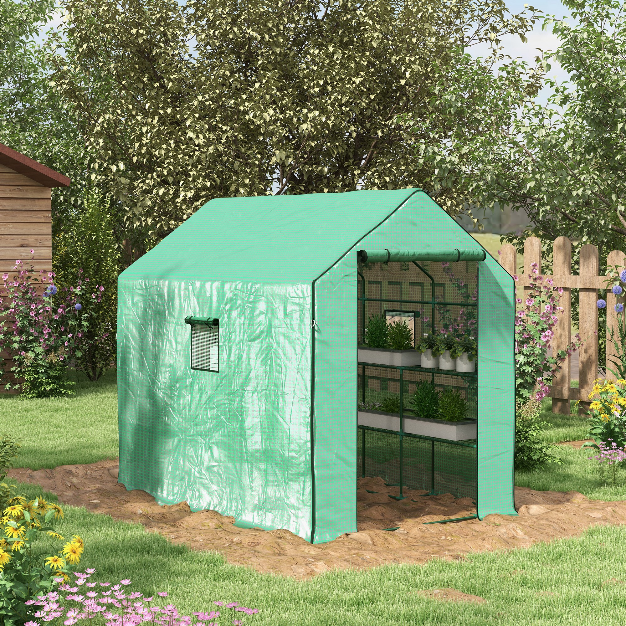 Outsunny Walk-in Greenhouse w/ 3 Tier Shelves, Green House Garden Grow House w/ PE Cover, Roll-up Door, Mesh Windows, 140 x 213 x 190cm, Green