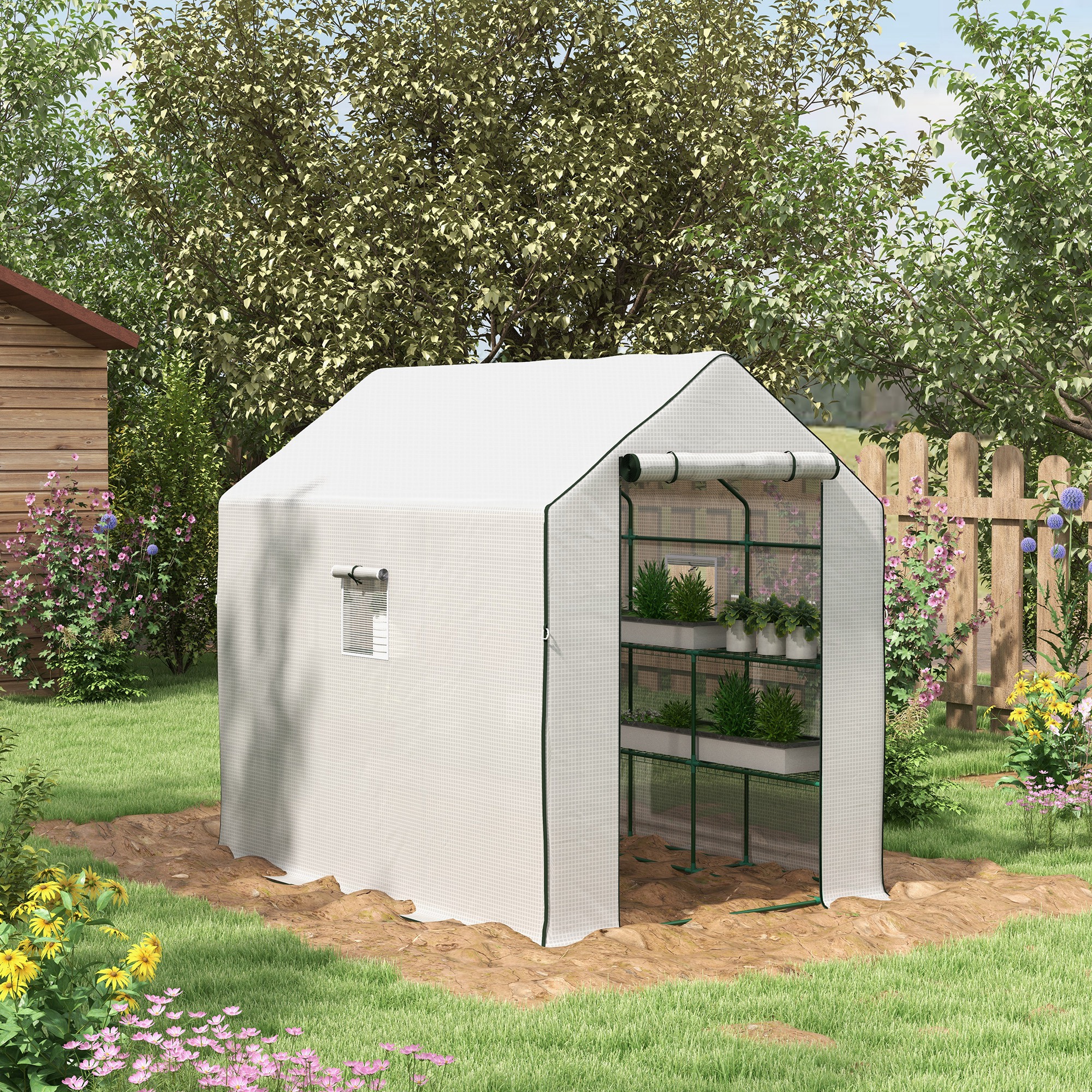 Outsunny Walk-in Greenhouse with PE Cover, 3 Tier Shelves, Roll-up Door & Mesh Windows, 140 x 213 x 190cm, White