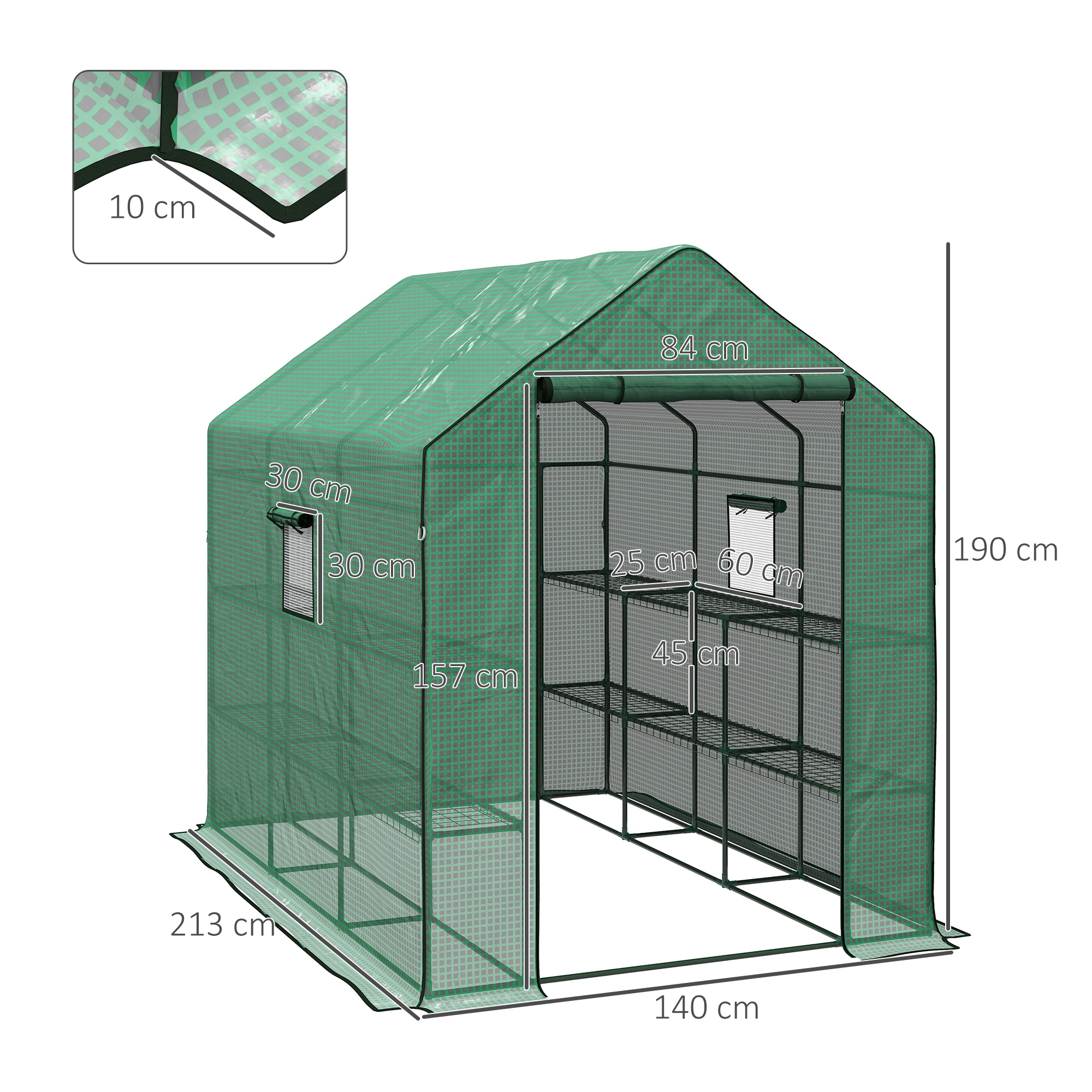 Outsunny Walk-in Greenhouse w/ 3 Tier Shelves, Green House Garden Grow House w/ PE Cover, Roll-up Door, Mesh Windows, 140 x 213 x 190cm, Green