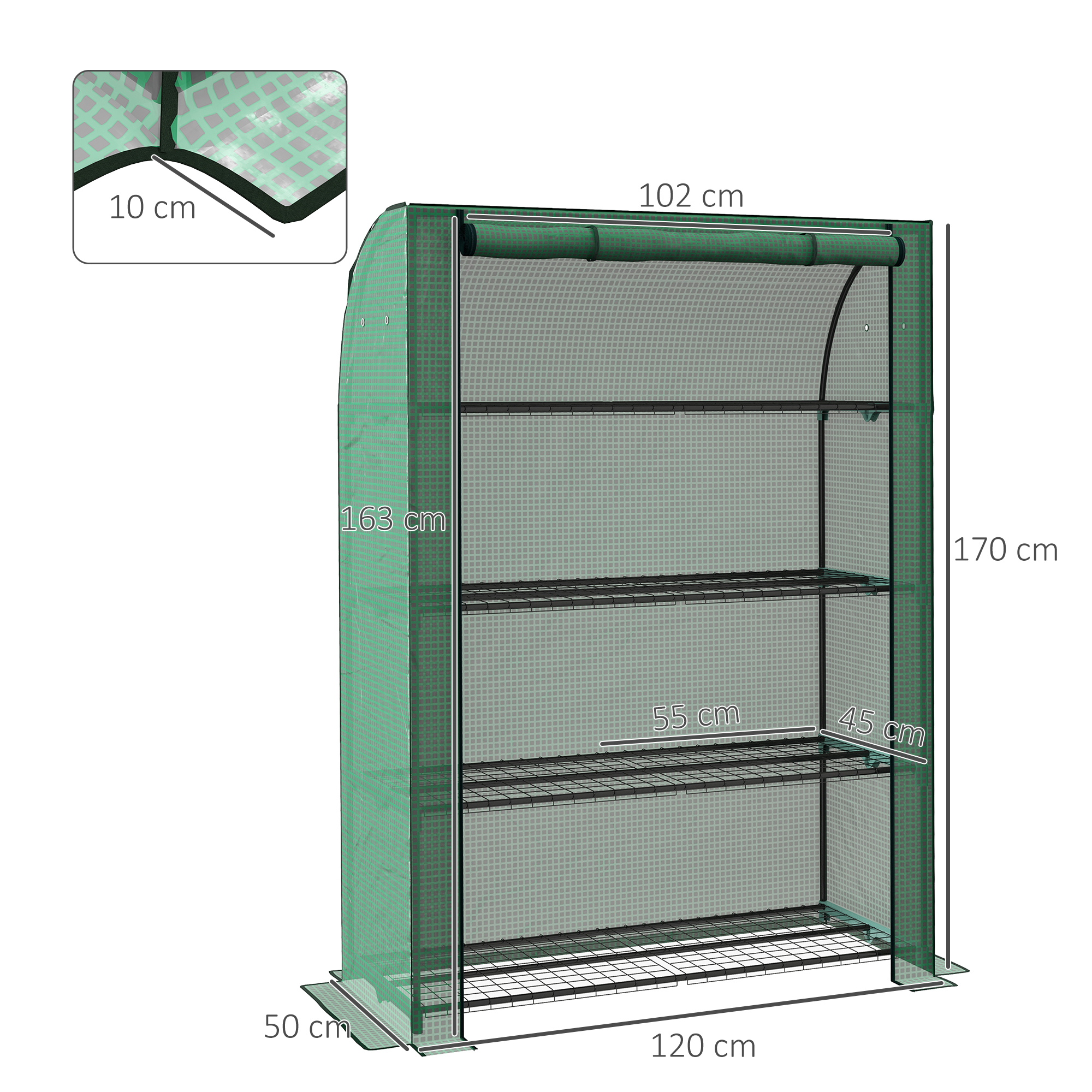 Outsunny Portable Mini Greenhouse, 4 Tier with PE Reinforced Cover and Roll-up Door, Green, 170H x 120W x 50Dcm