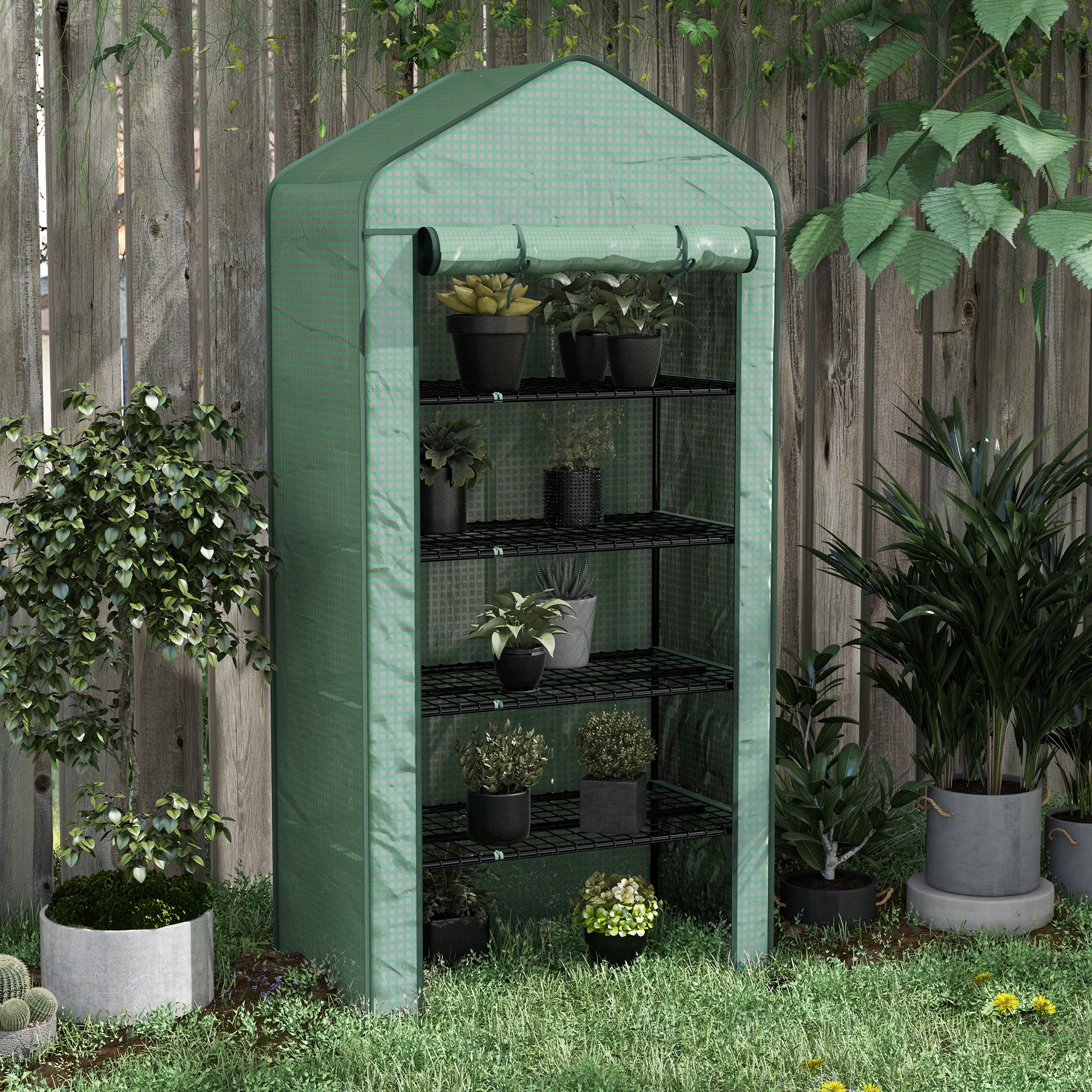Outsunny Portable Mini Greenhouse with 5 Tier Wider Shelves, Reinforced PE Cover, Roll-up Door, Wire Shelves, 193H x 90W x 49D cm, Green