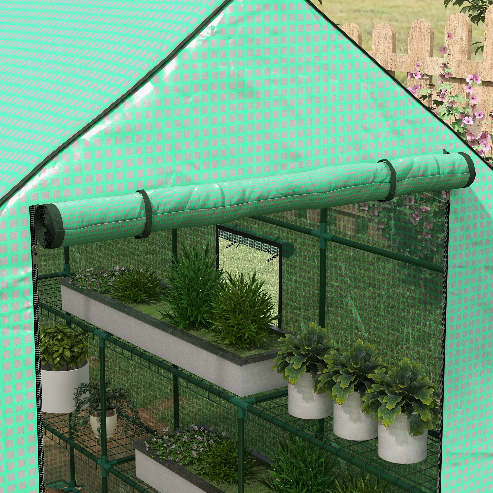 Outsunny Walk-in Greenhouse w/ 3 Tier Shelves, Green House Garden Grow House w/ PE Cover, Roll-up Door, Mesh Windows, 140 x 213 x 190cm, Green