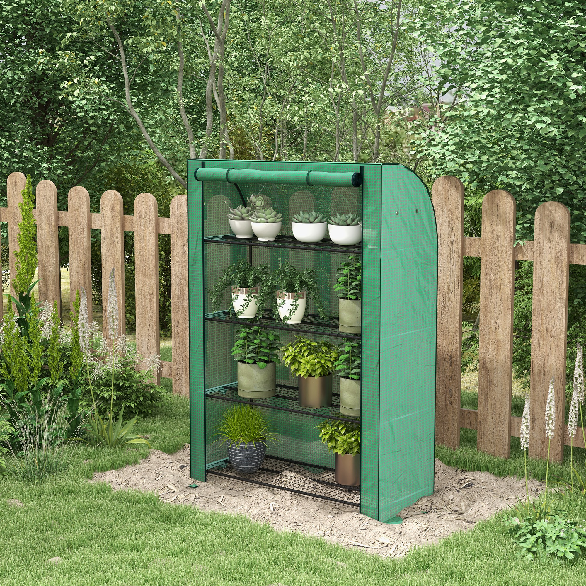 Outsunny Portable Mini Greenhouse, 4 Tier with PE Reinforced Cover and Roll-up Door, Green, 170H x 120W x 50Dcm
