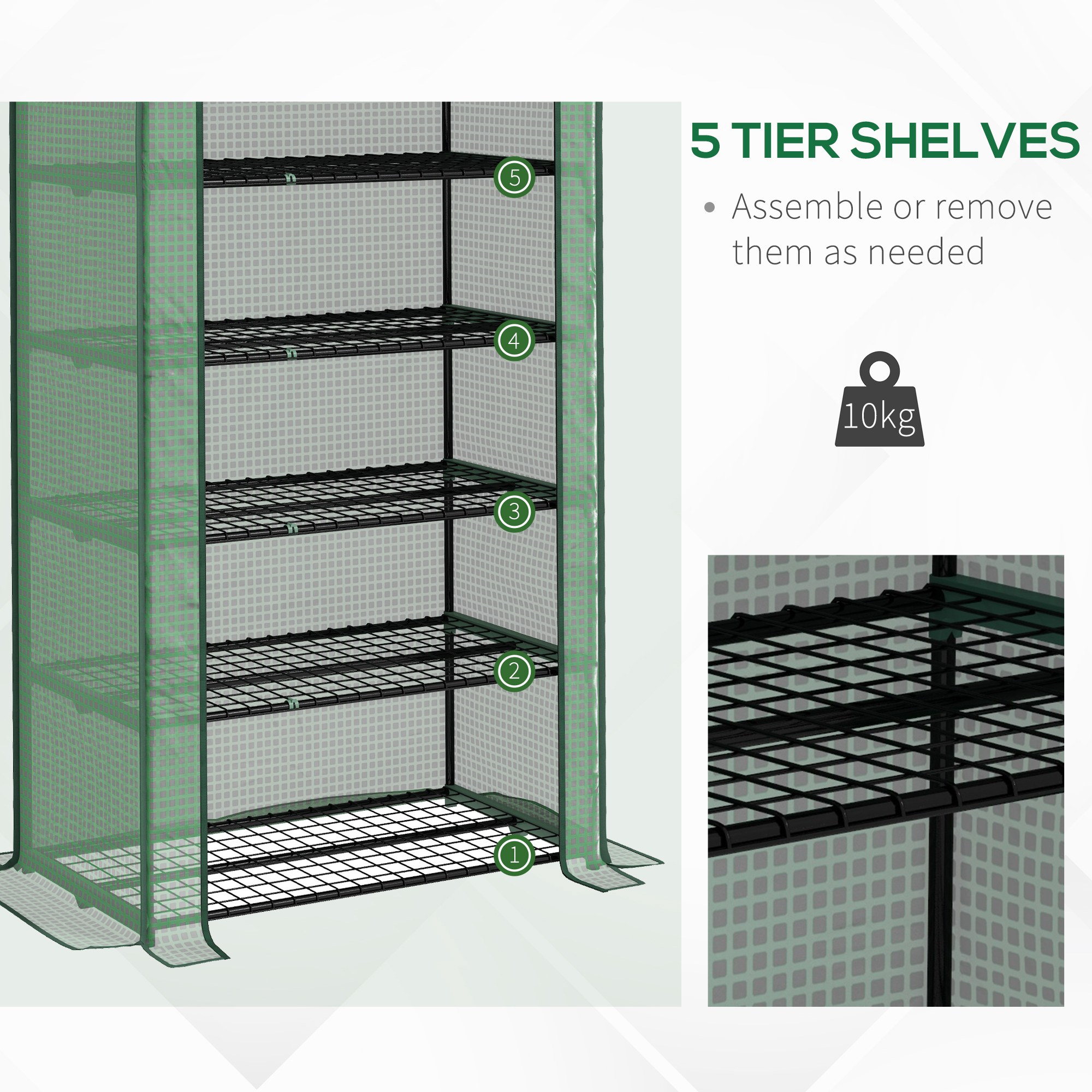 Outsunny Portable Mini Greenhouse with 5 Tier Wider Shelves, Reinforced PE Cover, Roll-up Door, Wire Shelves, 193H x 90W x 49D cm, Green