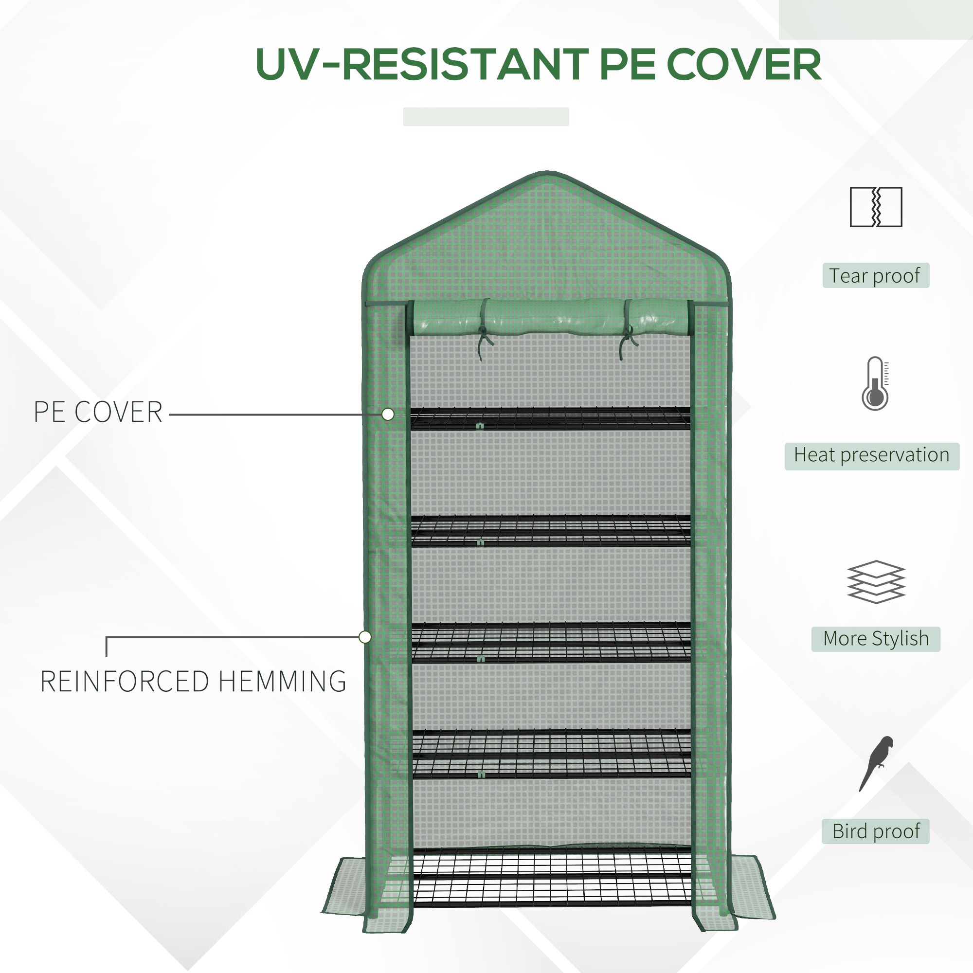 Outsunny Portable Mini Greenhouse with 5 Tier Wider Shelves, Reinforced PE Cover, Roll-up Door, Wire Shelves, 193H x 90W x 49D cm, Green