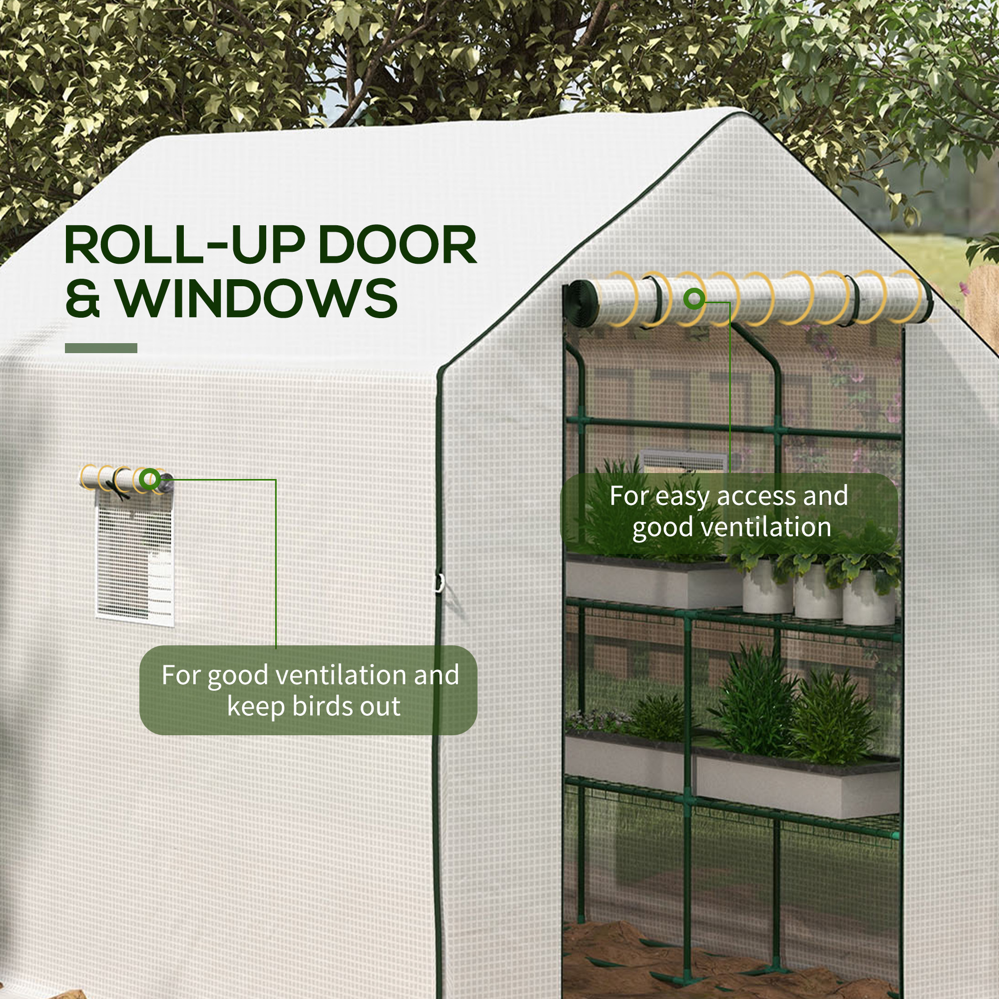 Outsunny Walk-in Greenhouse with PE Cover, 3 Tier Shelves, Roll-up Door & Mesh Windows, 140 x 213 x 190cm, White