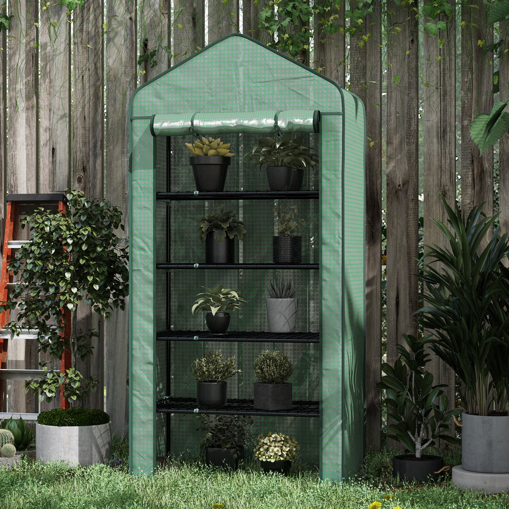 Outsunny Portable Mini Greenhouse with 5 Tier Wider Shelves, Reinforced PE Cover, Roll-up Door, Wire Shelves, 193H x 90W x 49D cm, Green