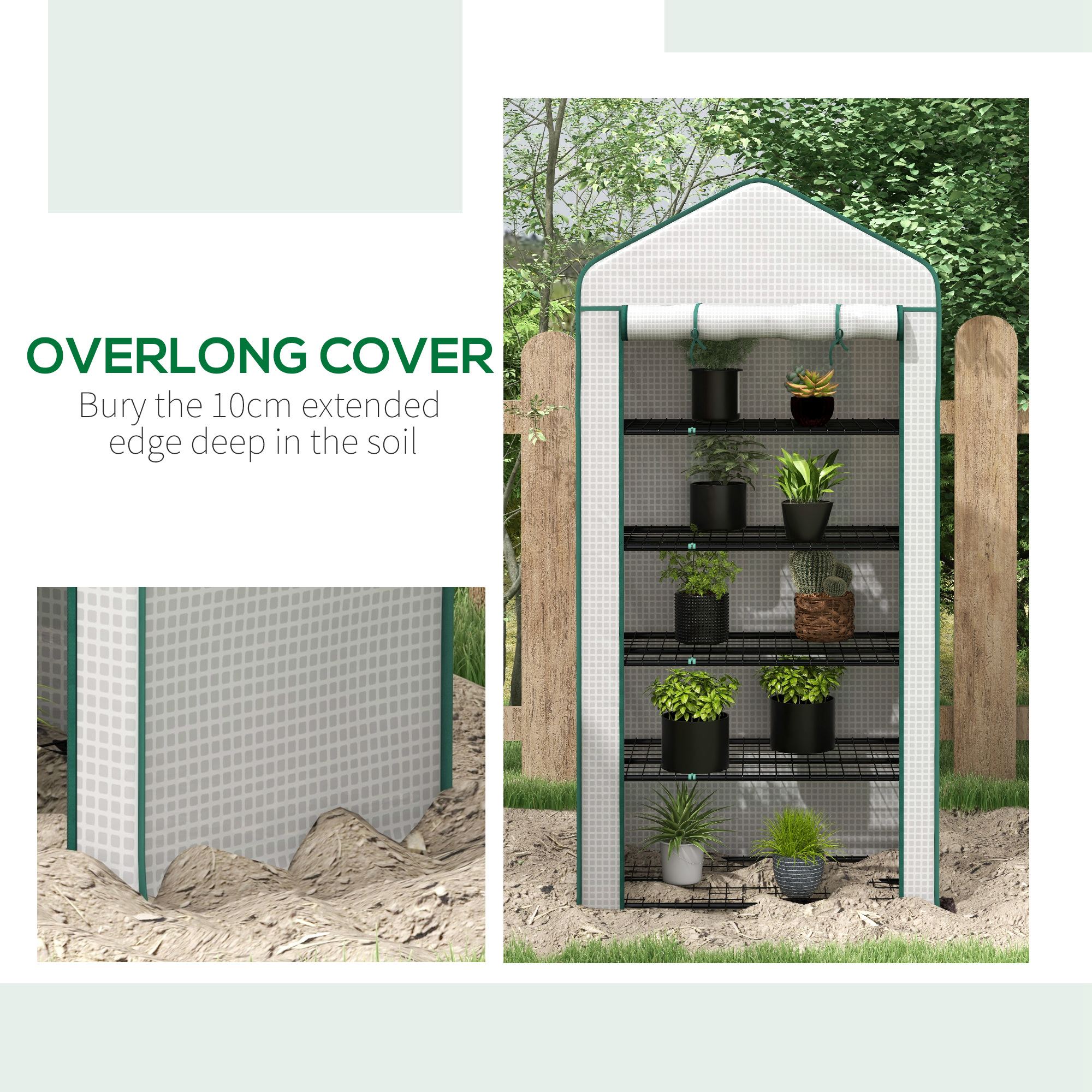 Outsunny 5 Tier Widened Mini Greenhouse w/ Reinforced PE Cover, Portable Green House w/ Roll-up Door & Wire Shelves, 193H x 90W x 49Dcm, White