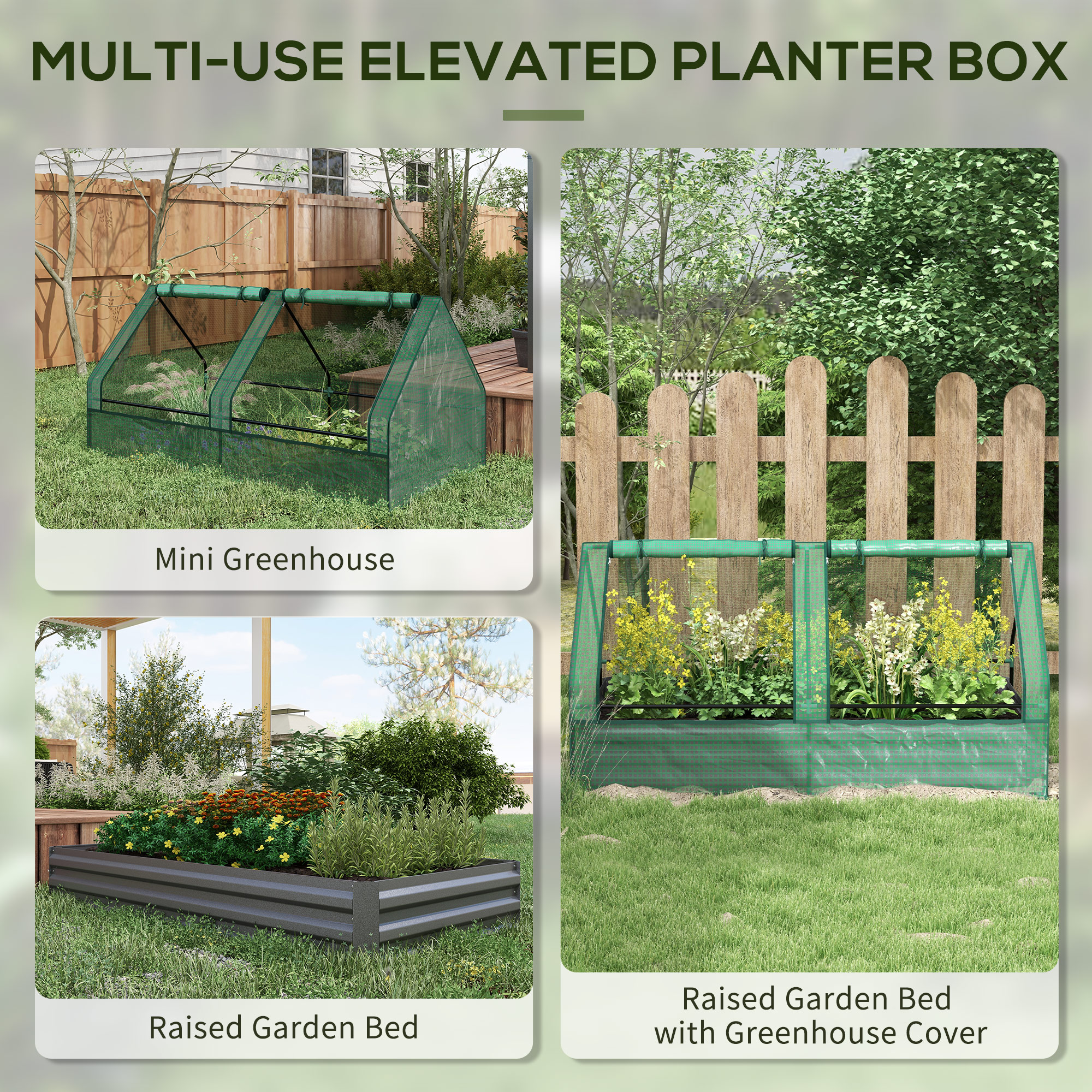 Outsunny Metal Planter Box with Cover, Raised Garden Bed with Greenhouse, for Herbs and Vegetables, Green and Dark Grey