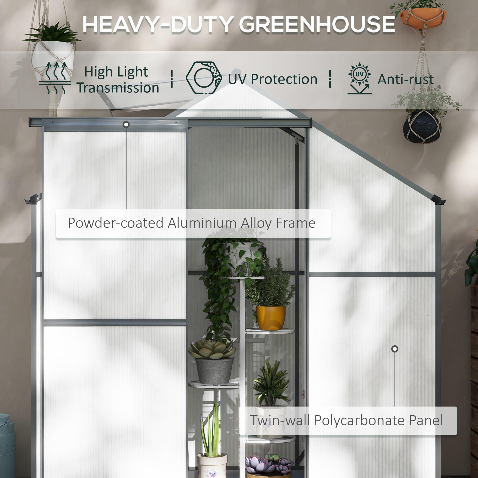 Outsunny Polycarbonate Greenhouse, 6 x 2.5ft Walk-In with Rain Gutter, Sliding Door, Window, Foundation, Dark Grey
