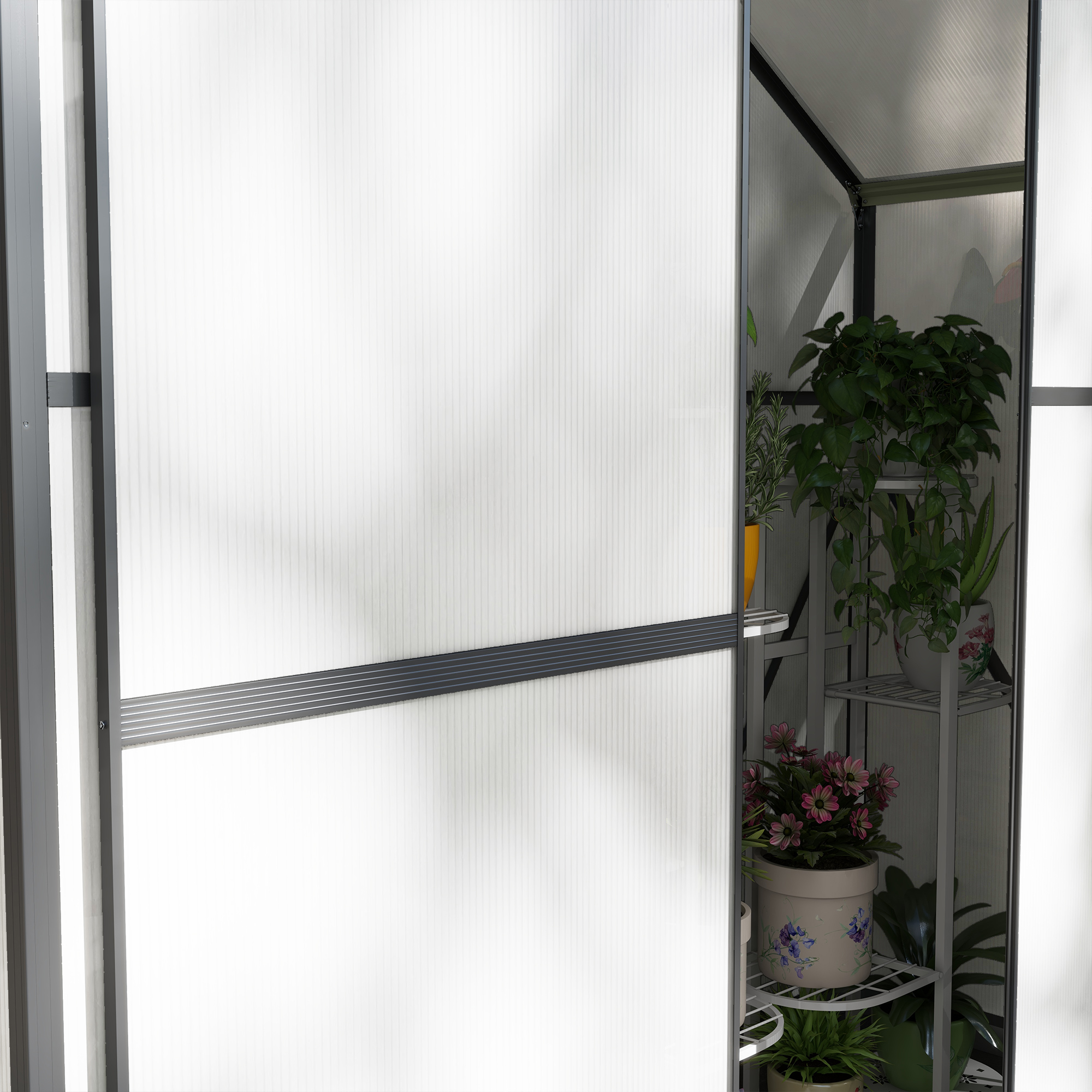 Outsunny Polycarbonate Greenhouse, 6 x 2.5ft Walk-In with Rain Gutter, Sliding Door, Window, Foundation, Dark Grey
