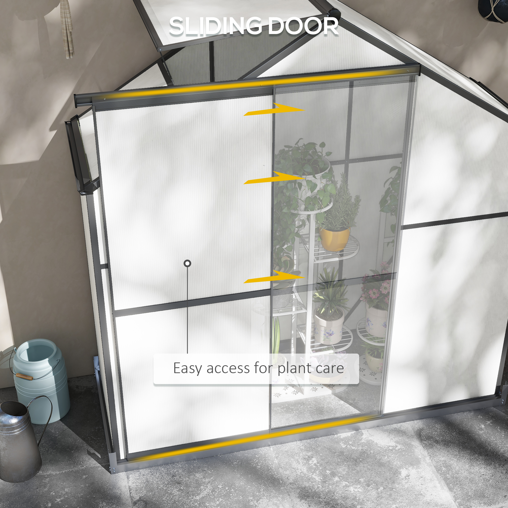 Outsunny Polycarbonate Greenhouse, 6 x 2.5ft Walk-In with Rain Gutter, Sliding Door, Window, Foundation, Dark Grey