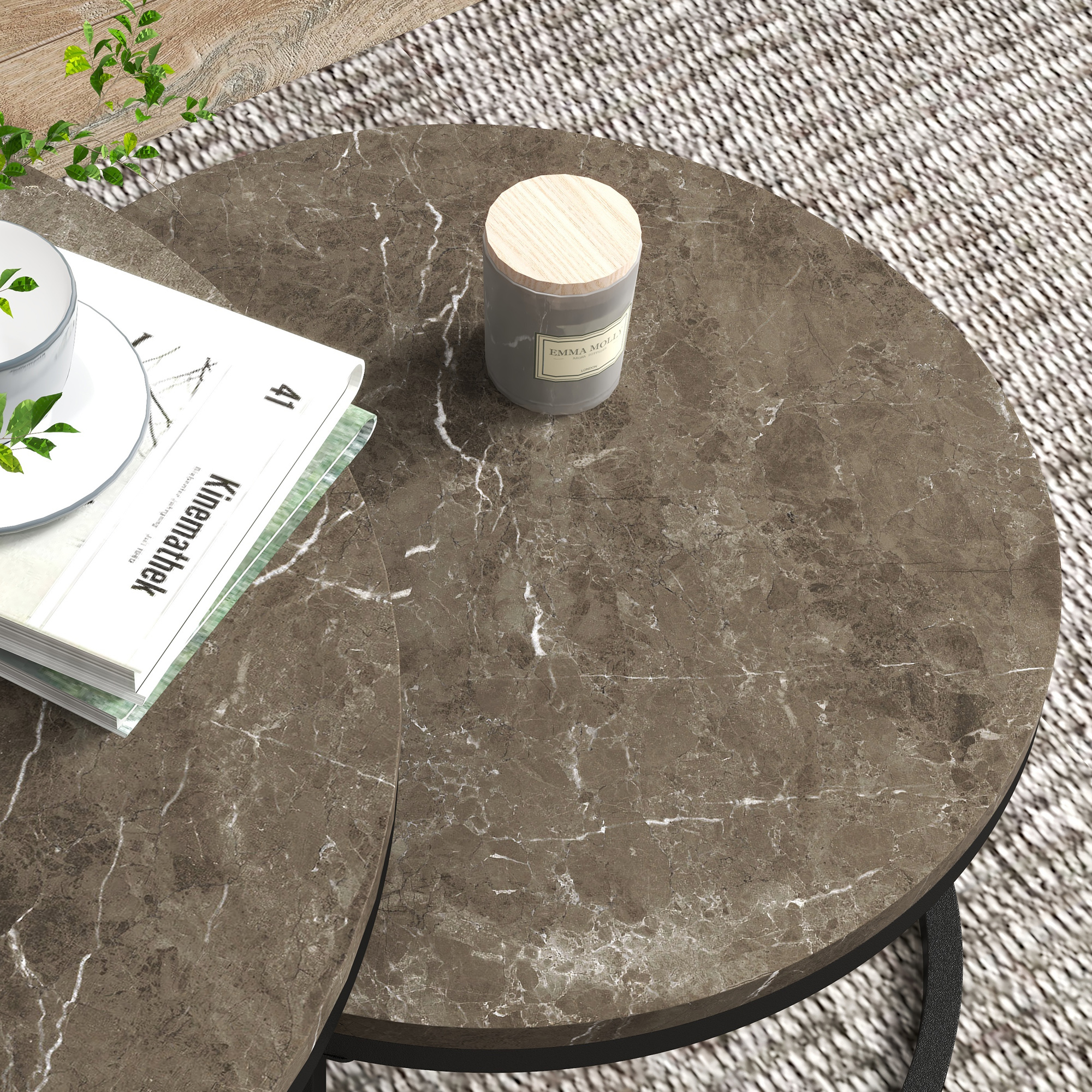 HOMCOM Industrial Nesting Coffee Table Set of 2, Round Coffee Tables, Living Room Table with Faux Marbled Top and Steel Frame