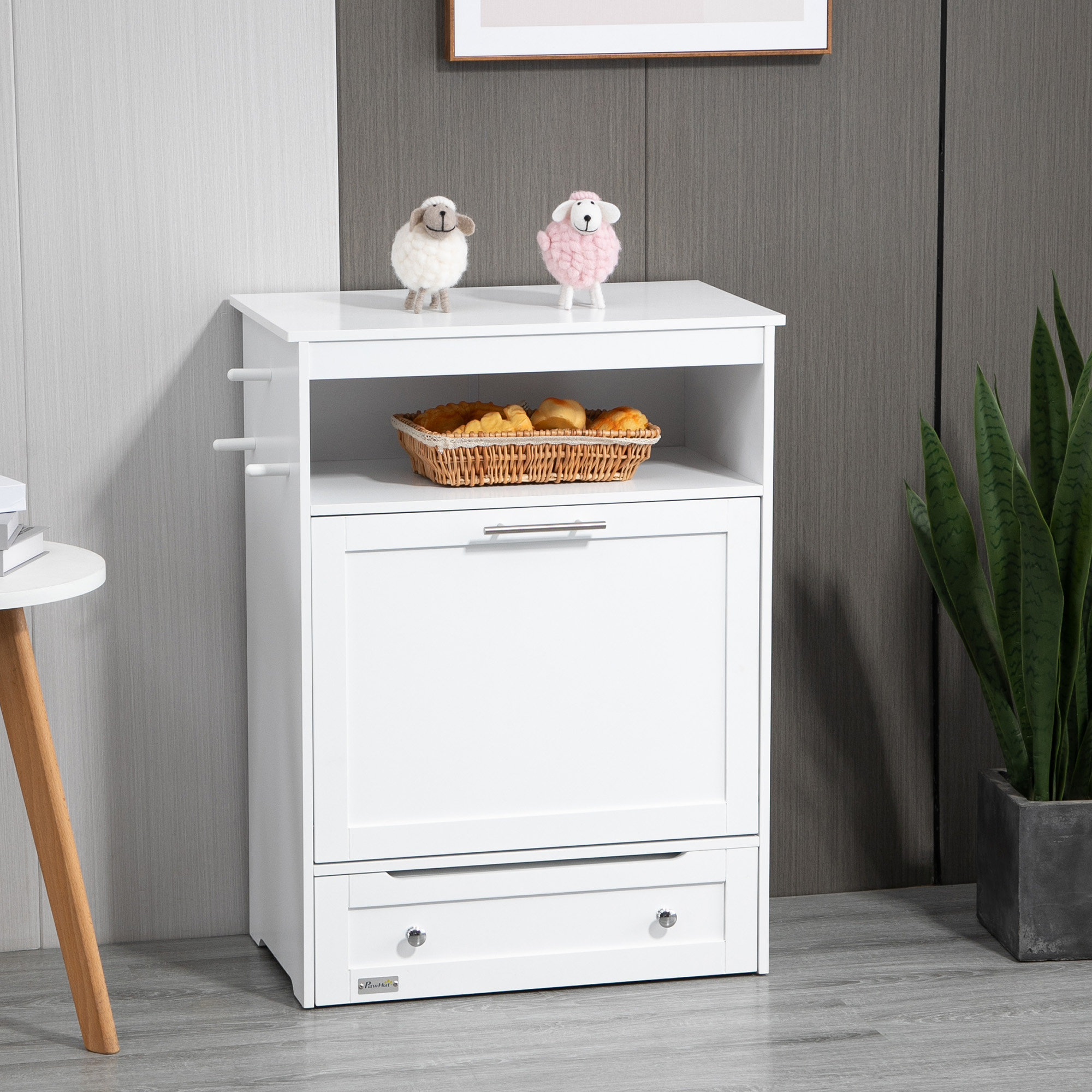 PawHut Pet Feeding Station with Storage, Elevated Dog Bowls & Hanger, Food Container Cabinet, White