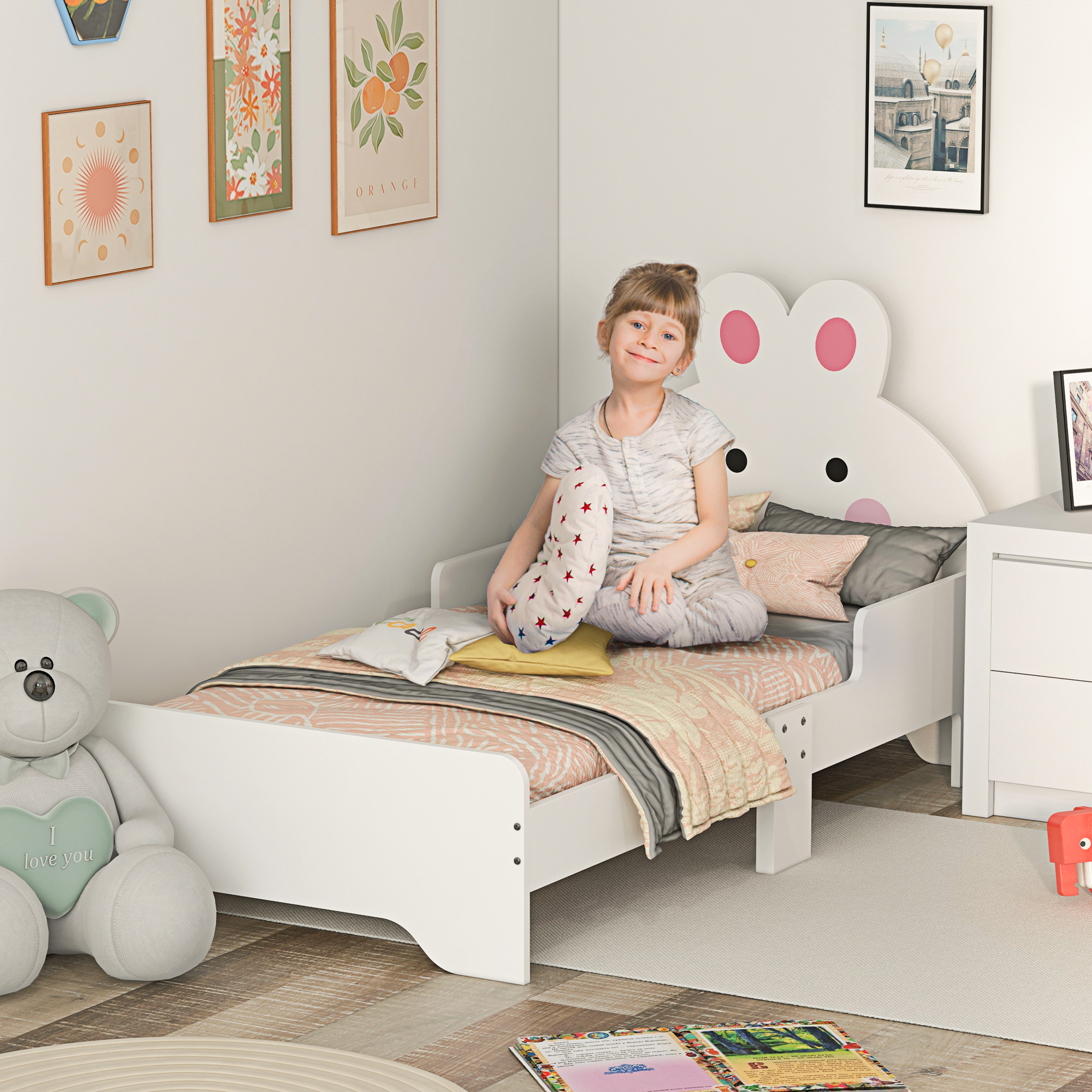 ZONEKIZ Toddler Rabbit Bed Frame, Safe & Sturdy Design, Perfect for Kids' Bedroom, Charming White
