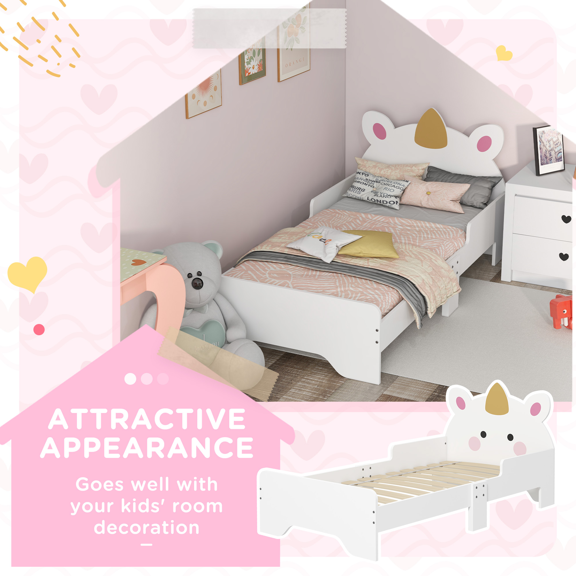 ZONEKIZ Unicorn Toddler Bed, Children's Bedroom Furniture, for Ages 3-6, 143 x 74 x 67 cm, White