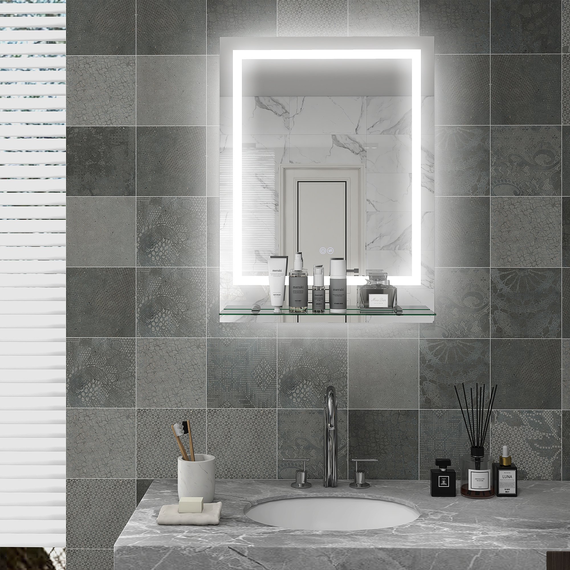 Kleankin Illuminated LED Bathroom Mirror with Shelf, Vanity Makeup Mirror with Smart Touch and Anti-Fog, 3 Colour Settings, 80x60cm
