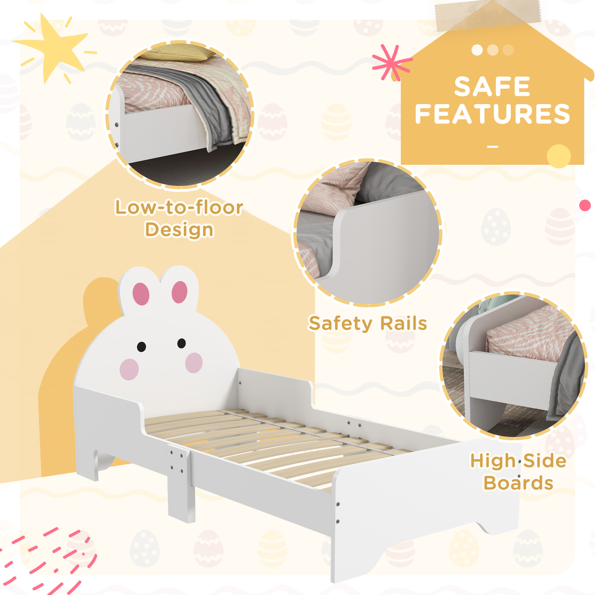 ZONEKIZ Toddler Rabbit Bed Frame, Safe & Sturdy Design, Perfect for Kids' Bedroom, Charming White