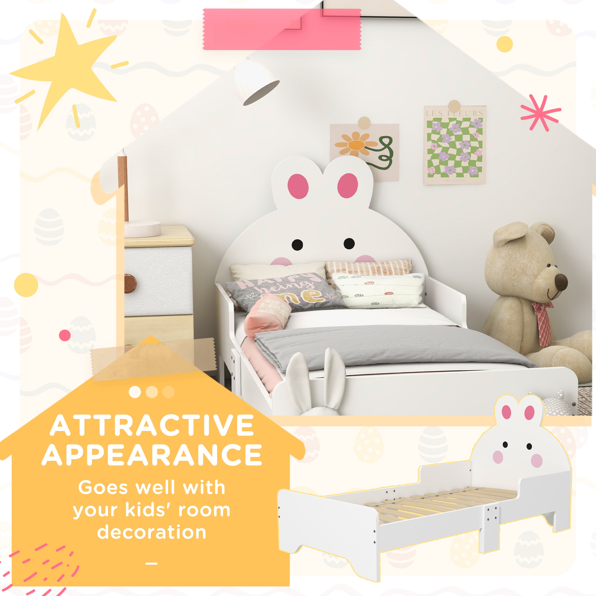 ZONEKIZ Toddler Rabbit Bed Frame, Safe & Sturdy Design, Perfect for Kids' Bedroom, Charming White