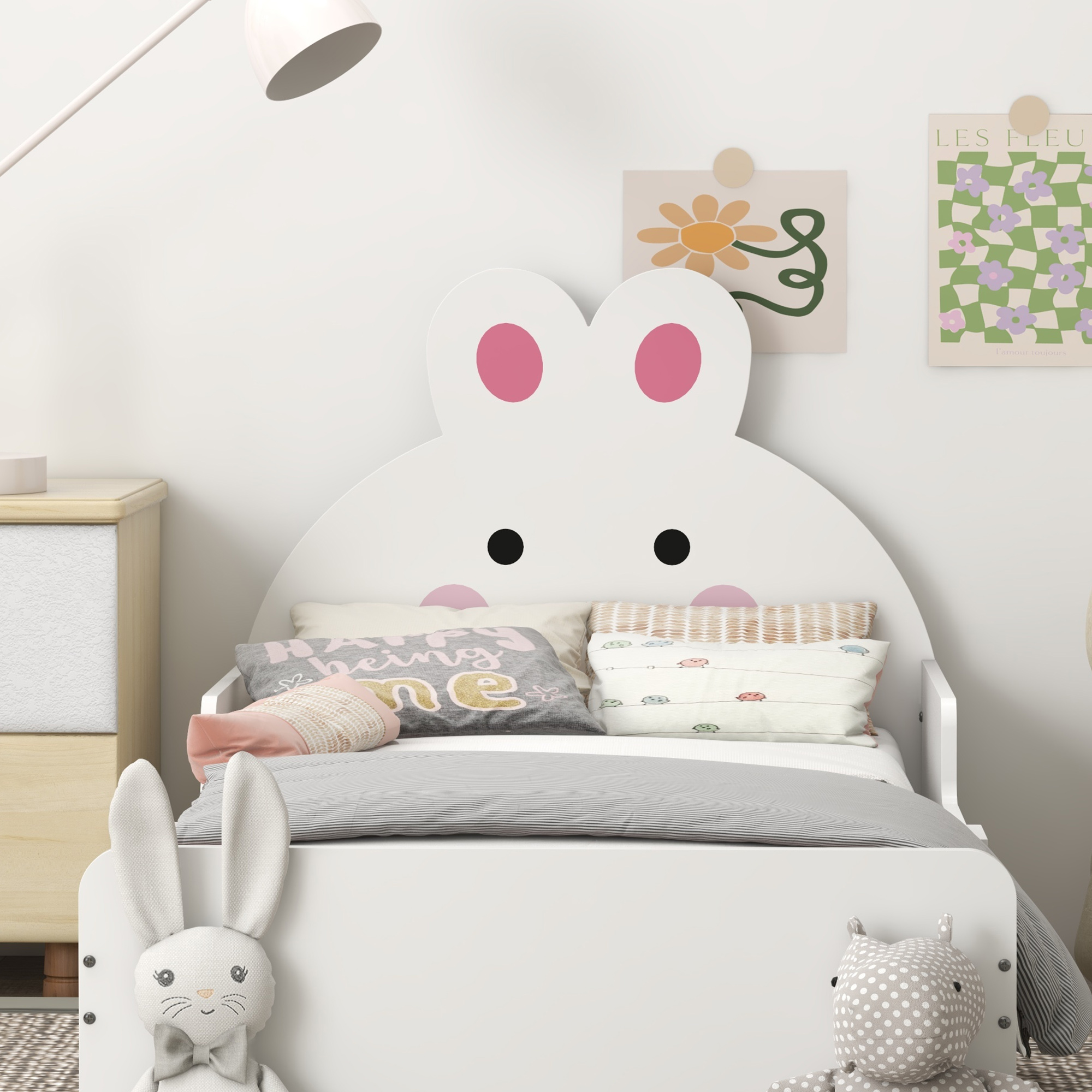 ZONEKIZ Toddler Rabbit Bed Frame, Safe & Sturdy Design, Perfect for Kids' Bedroom, Charming White