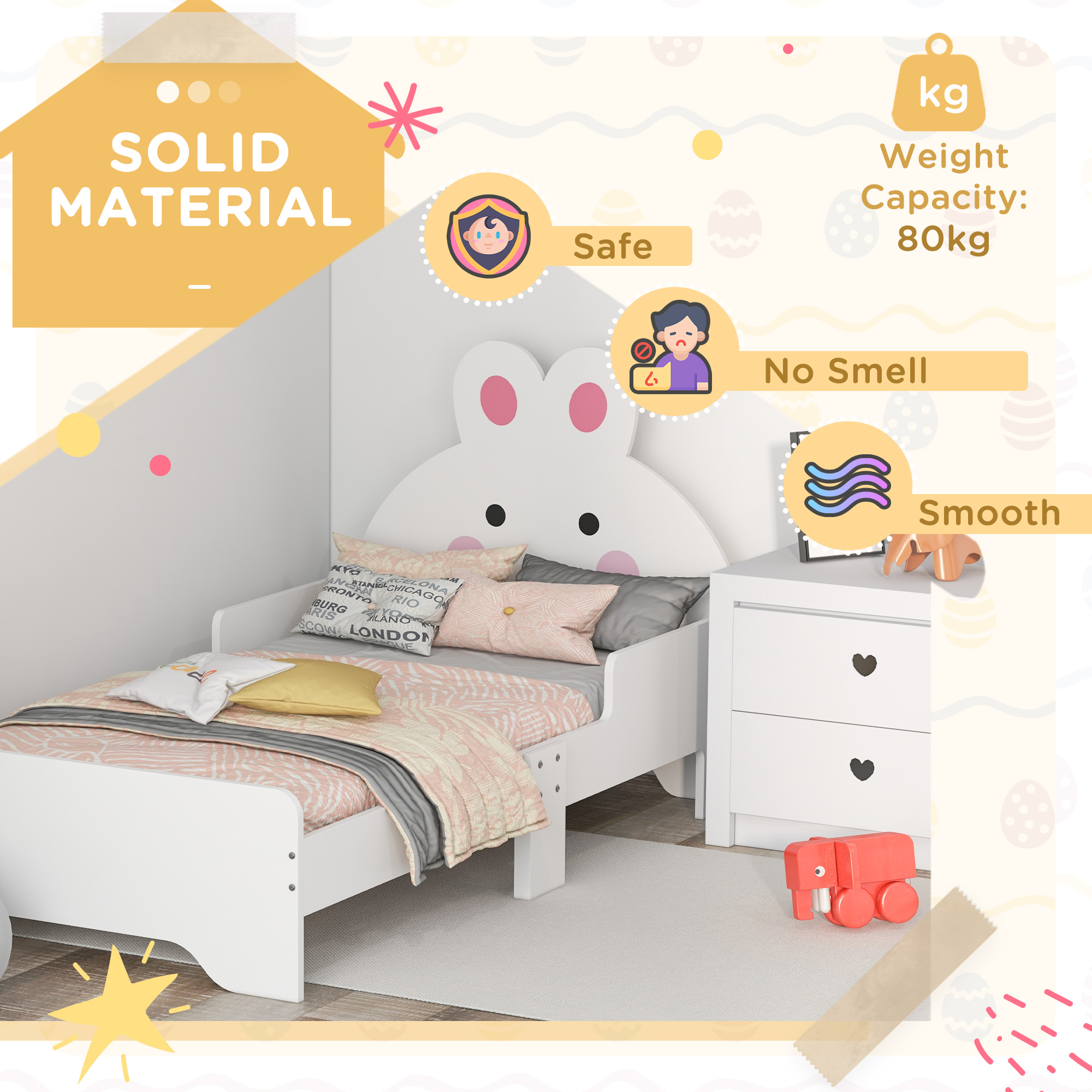 ZONEKIZ Toddler Rabbit Bed Frame, Safe & Sturdy Design, Perfect for Kids' Bedroom, Charming White