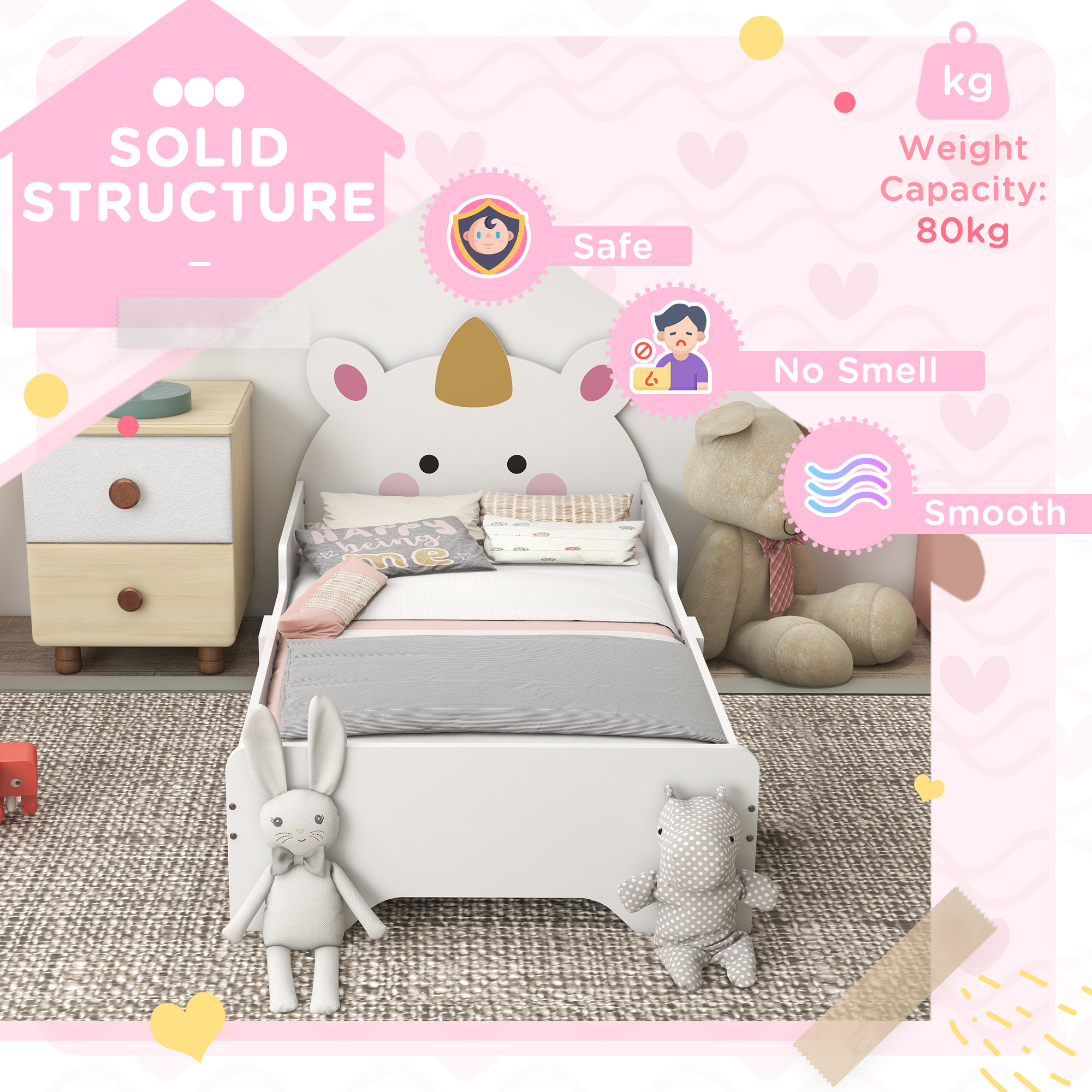ZONEKIZ Unicorn Toddler Bed, Children's Bedroom Furniture, for Ages 3-6, 143 x 74 x 67 cm, White