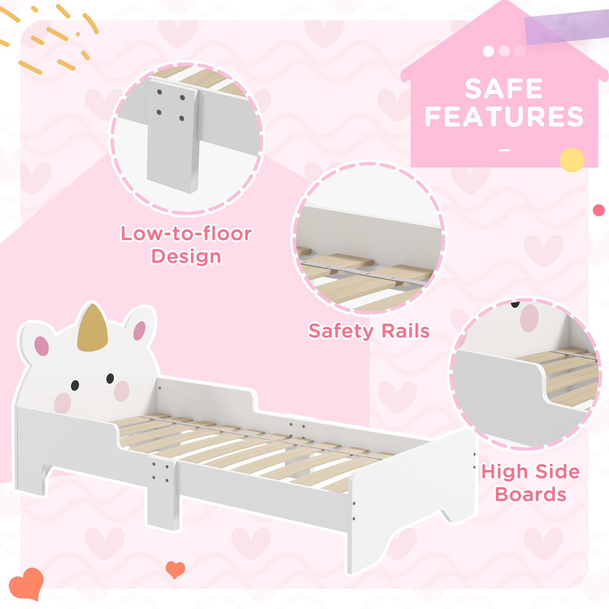 ZONEKIZ Unicorn Toddler Bed, Children's Bedroom Furniture, for Ages 3-6, 143 x 74 x 67 cm, White