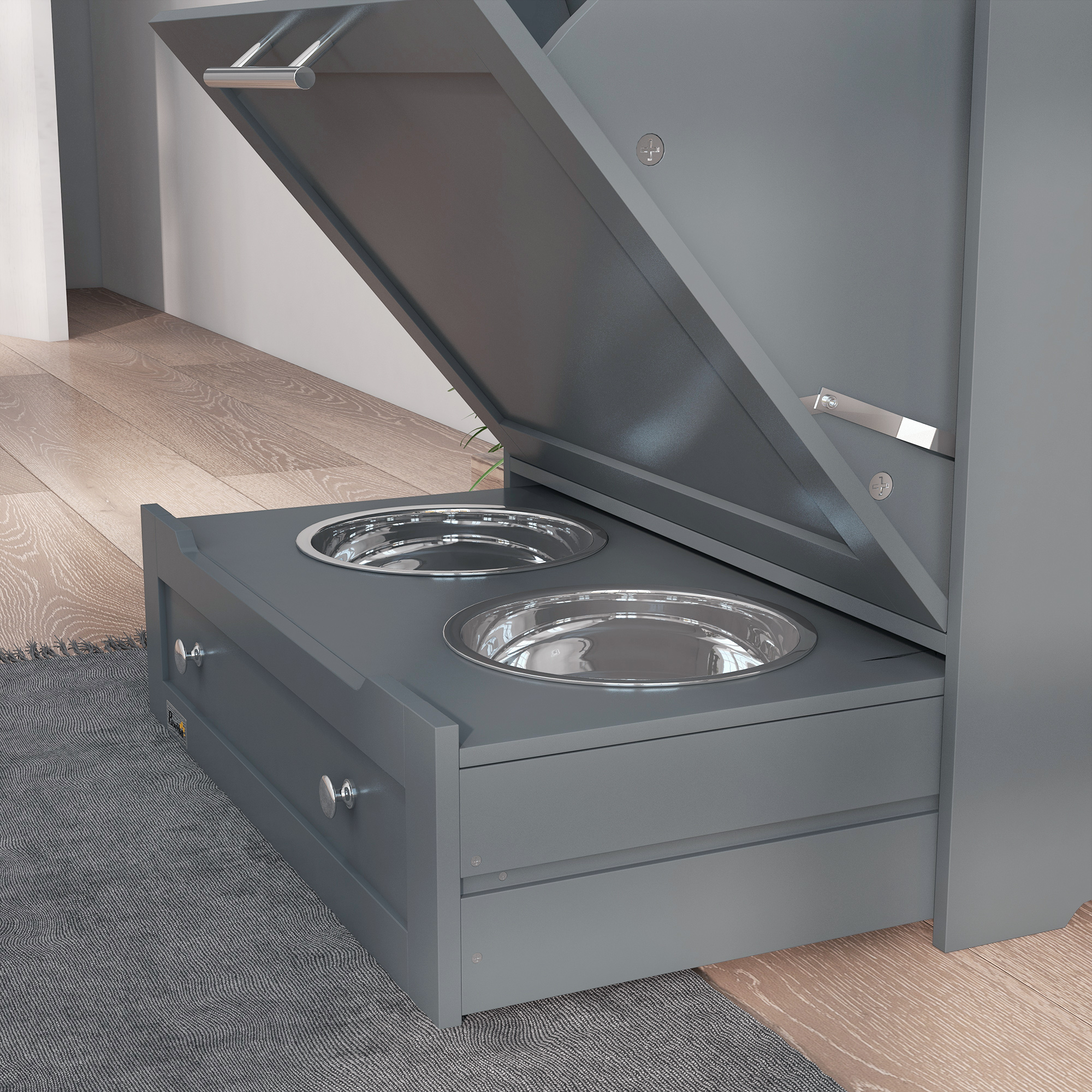 PawHut Pet Feeder Station with Raised Bowls, Dog Food Storage, Feeding and Watering Supplies Hanger, Grey.