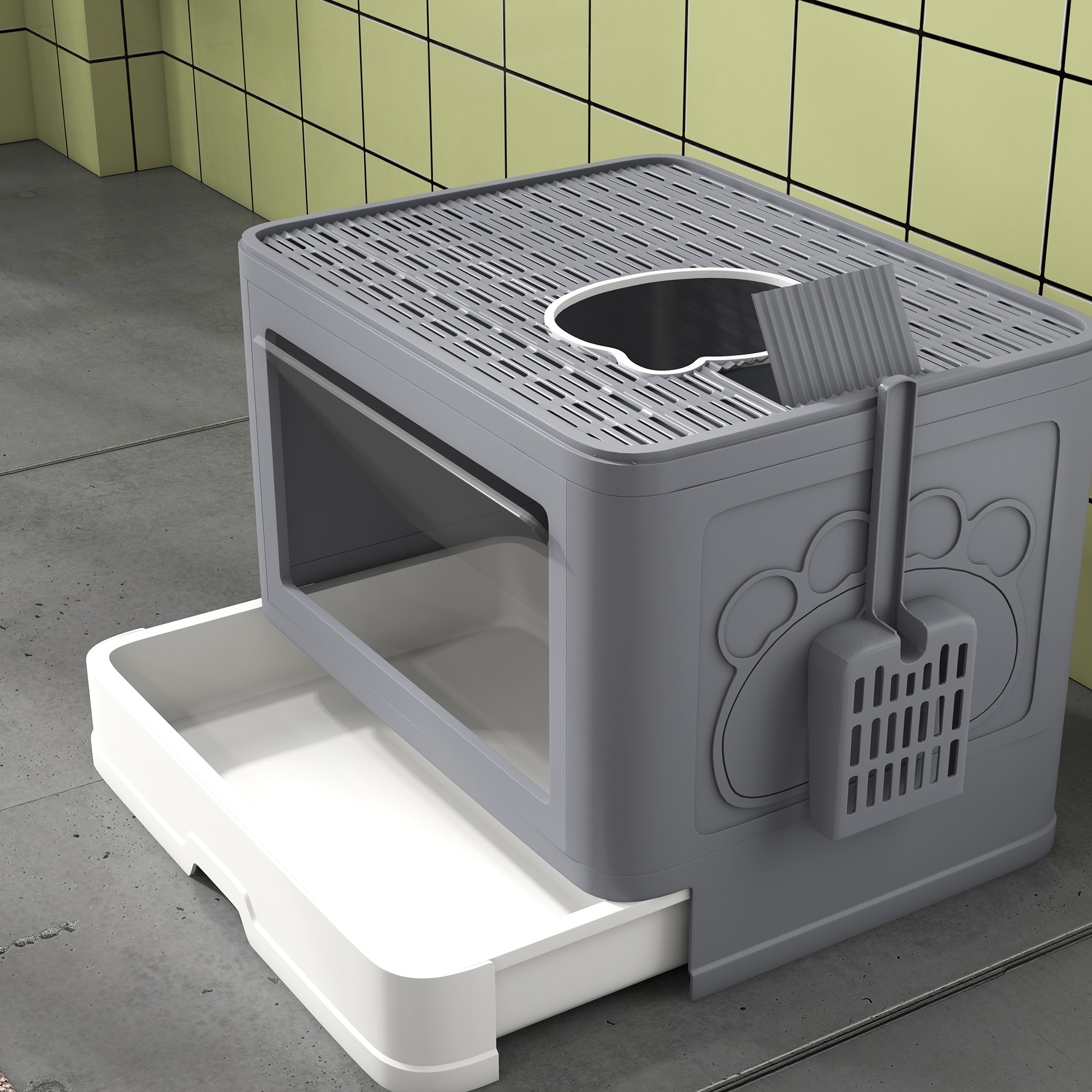 PawHut Enclosed Cat Litter Box with Lid, Front Entry, Top Exit, Drawer Tray, Scoop, Brush, 48.5 x 38 x 36.5cm, Grey