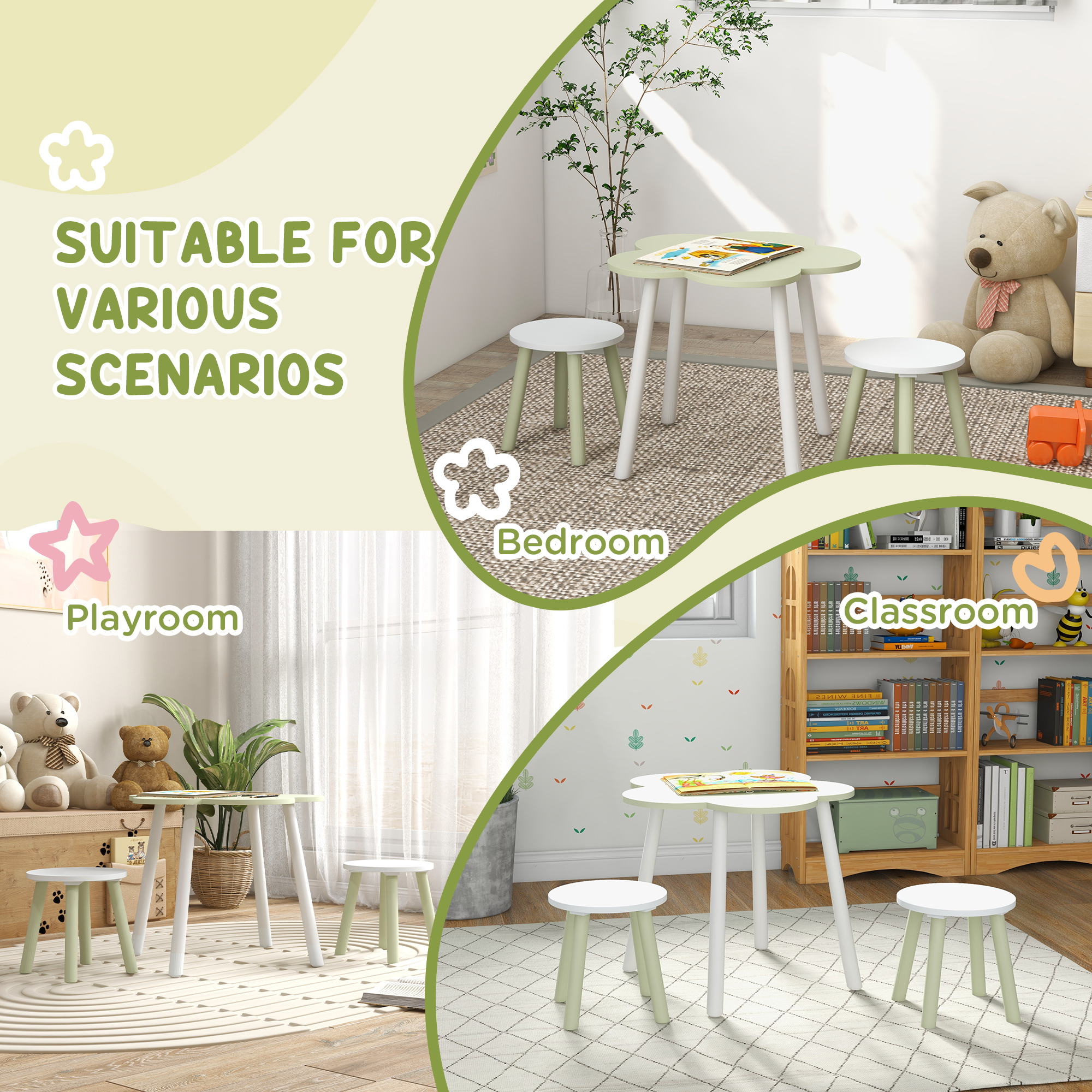 ZONEKIZ Children's 3 Piece Table and Chair Set, Flower Design, Ideal for Bedroom, Nursery, Playroom, Yellow