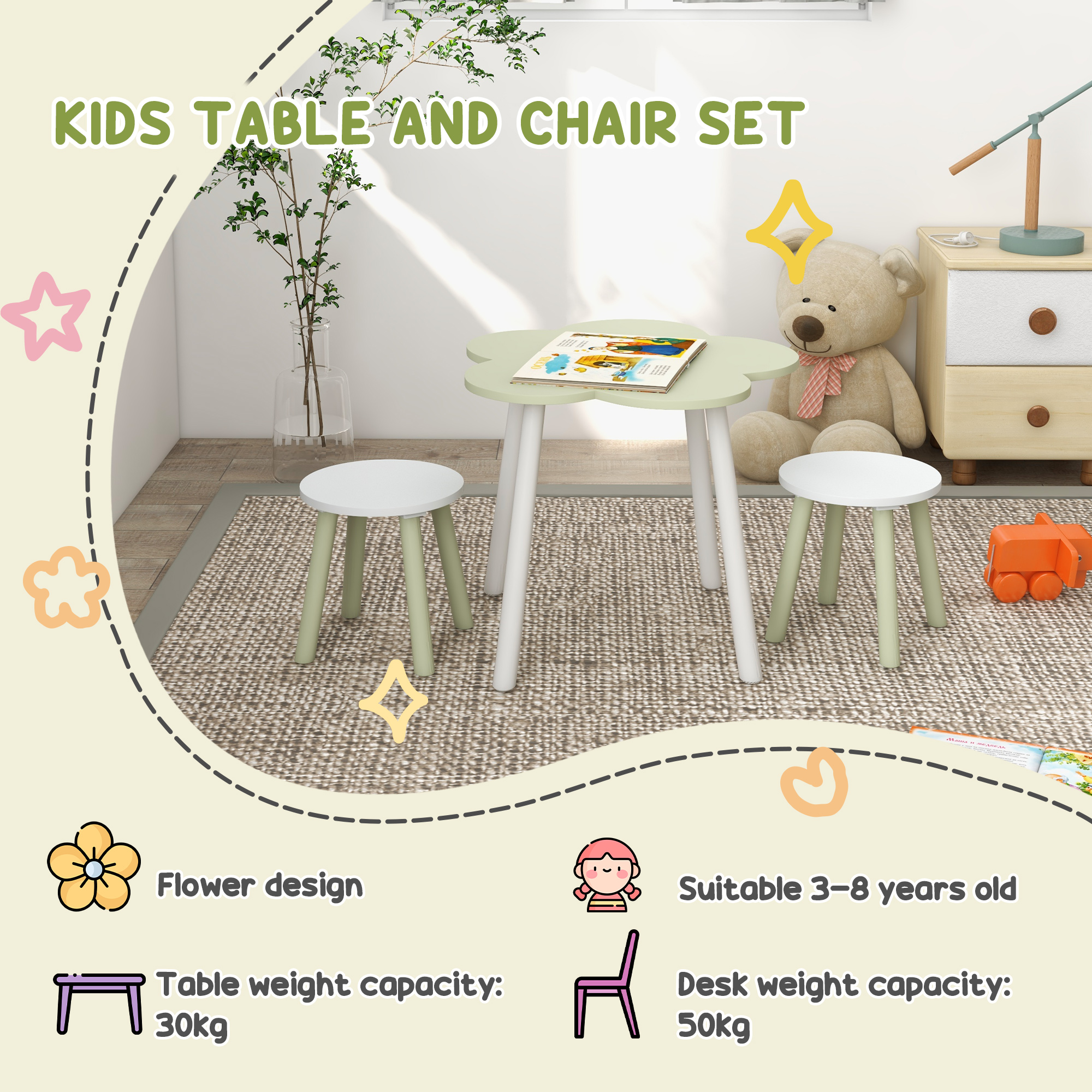 ZONEKIZ Children's 3 Piece Table and Chair Set, Flower Design, Ideal for Bedroom, Nursery, Playroom, Yellow