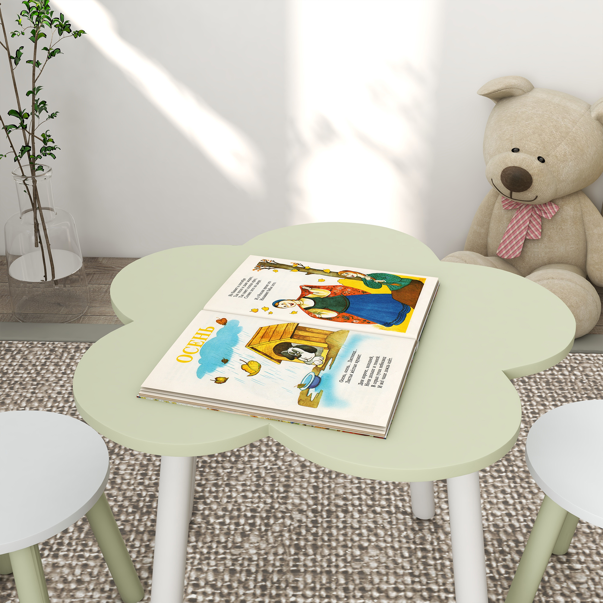 ZONEKIZ Children's 3 Piece Table and Chair Set, Flower Design, Ideal for Bedroom, Nursery, Playroom, Yellow
